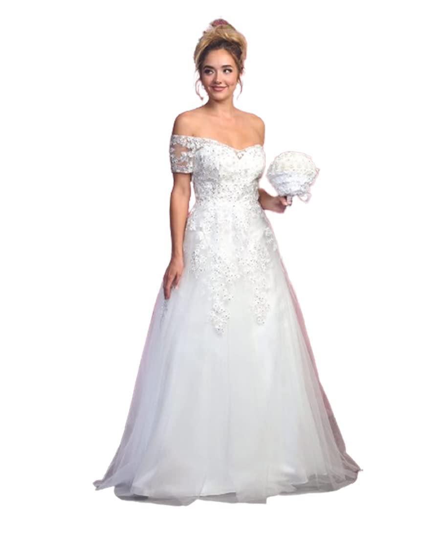 Ivory Off Shoulder Wedding Dress FDS7912 - Elegant Bridal Gown for Beach, Church & Outdoor Ceremonies