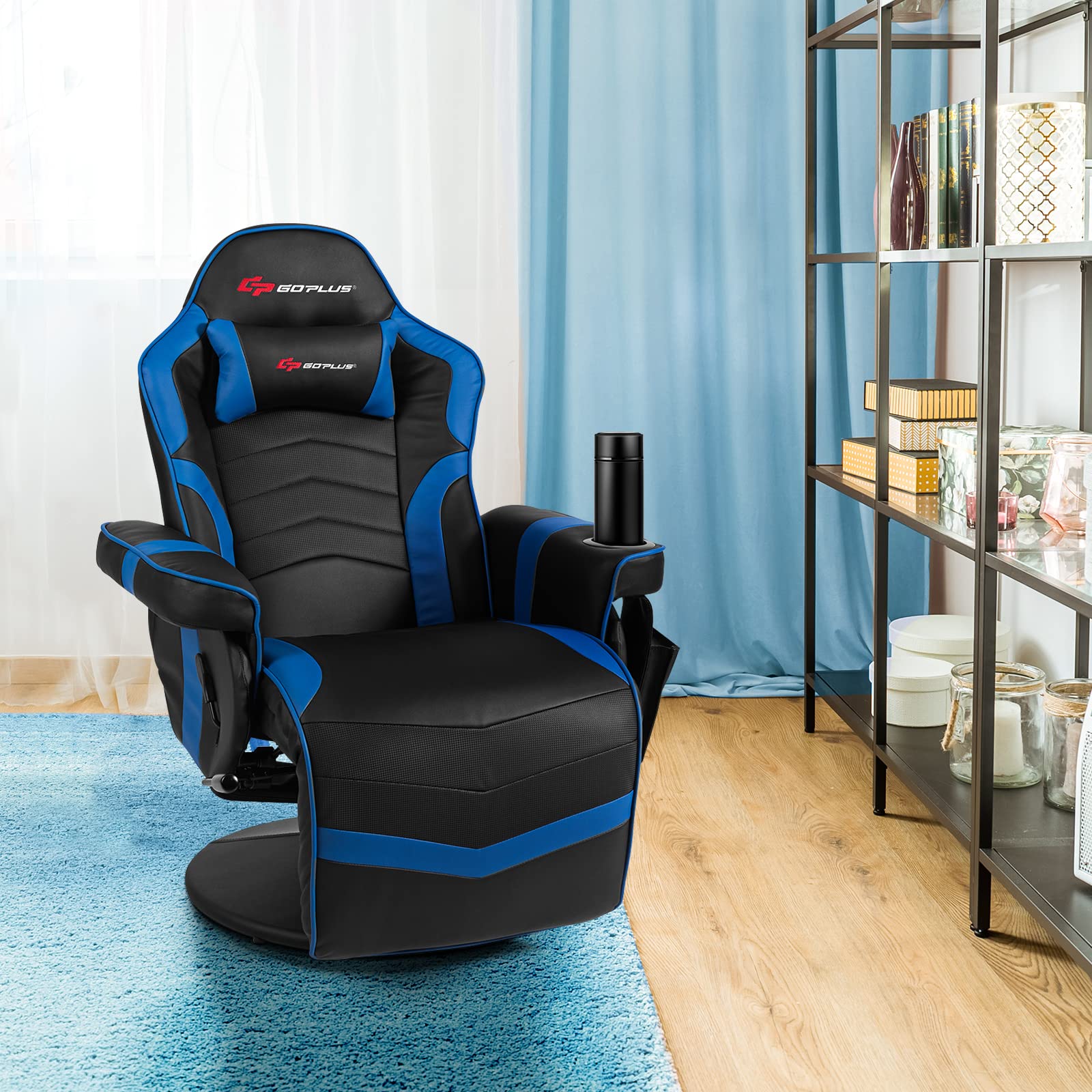 Powerstone Ergonomic Gaming Recliner Chair with Massage & Footrest - Adjustable PU Leather Sofa for Living Room - Includes Cup Holder, Headrest & Side Pouch - Navy Blue - Perfect for Gaming, Relaxing & Home Theater Seating