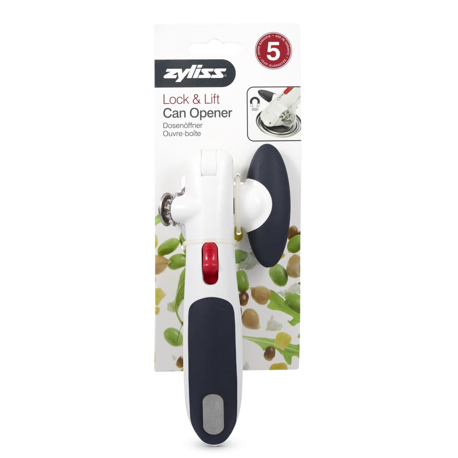 Zyliss Lock N' Lift Can Opener with Lid Lifter Magnet - Easy Open, No Slip Grip, White - Perfect for Kitchen, Camping & Emergency Preparedness