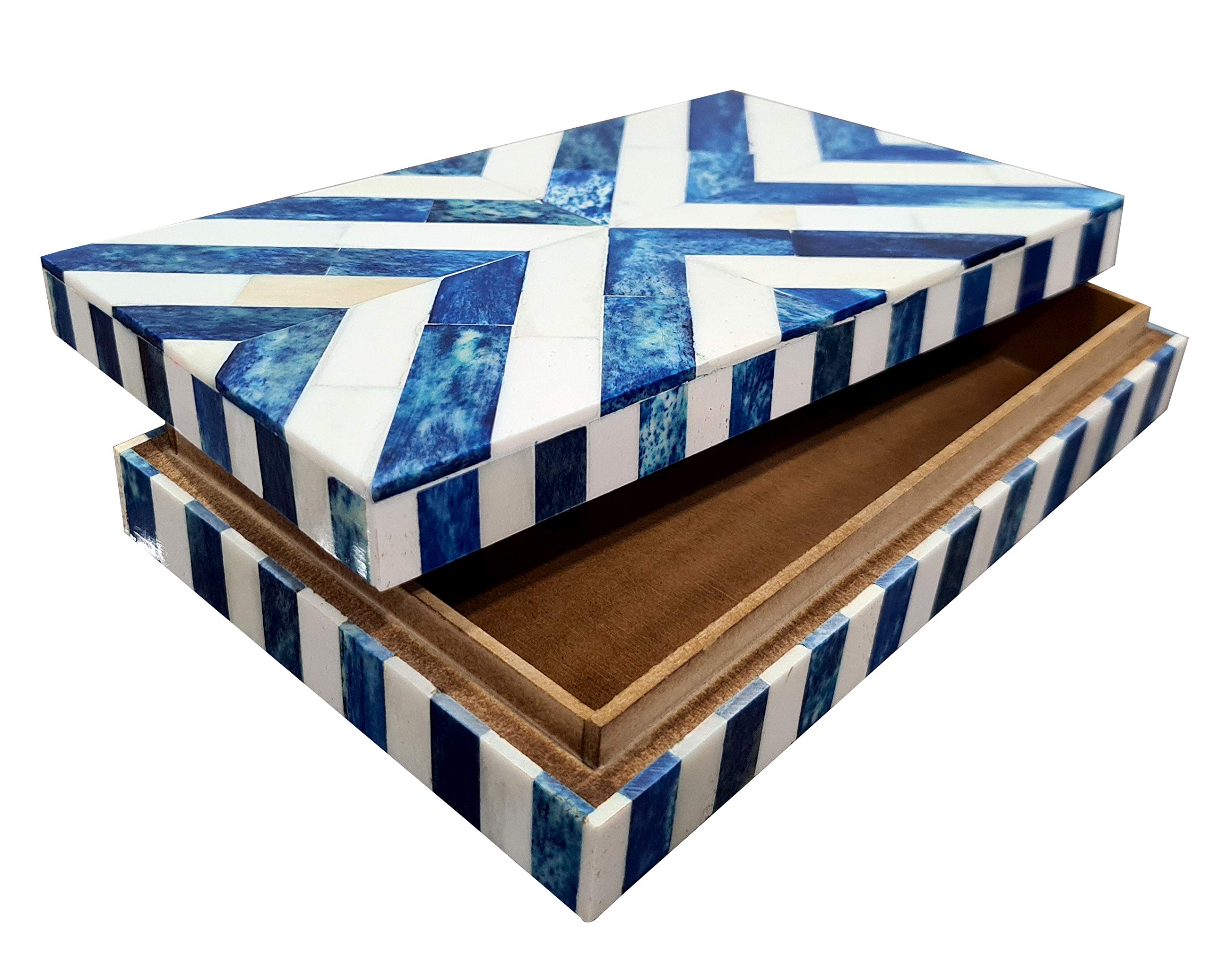 Handcrafted Blue & White Chevron Bone Inlay Jewelry Box - Decorative Keepsake Storage Organizer for Rings, Necklaces & Valuables | Perfect for Home Décor, Gift Giving & Travel Jewelry Case