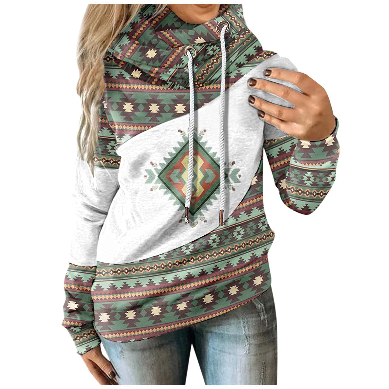 Women's Fall Winter Long Sleeve Turtleneck Hooded Sweatshirt - Cozy Paperbag Waist Graphic Pullover for Casual Outfits & Layering
