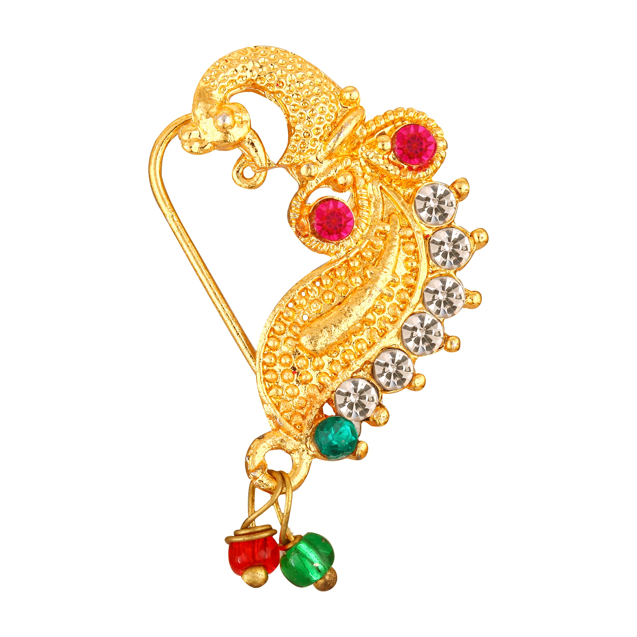 Vighnaharta Gold Plated Peacock Design Nose Ring with Artificial Stones - Traditional Maharashtrian Nath Nathiya Jewelry for Women | Valentine's Day Gift for Her, Wedding Accessory, Indian Cultural Festival Wear [VFJ1233NTH-Press]