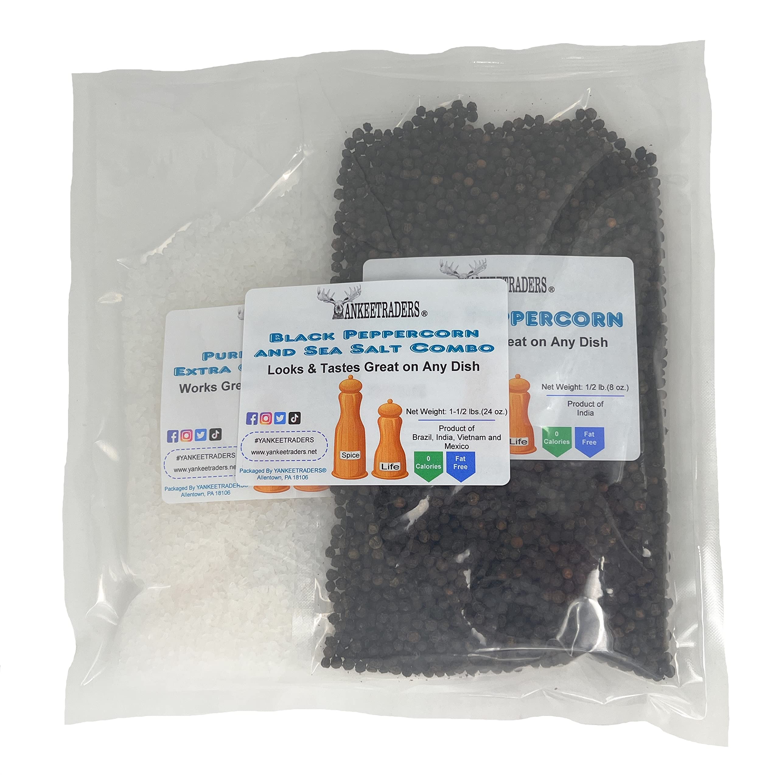 Premium Sea Salt & Whole Black Pepper Grinder Refill Packs by Yankee Traders - Fresh Gourmet Seasoning for Cooking, Grilling & Meal Prep