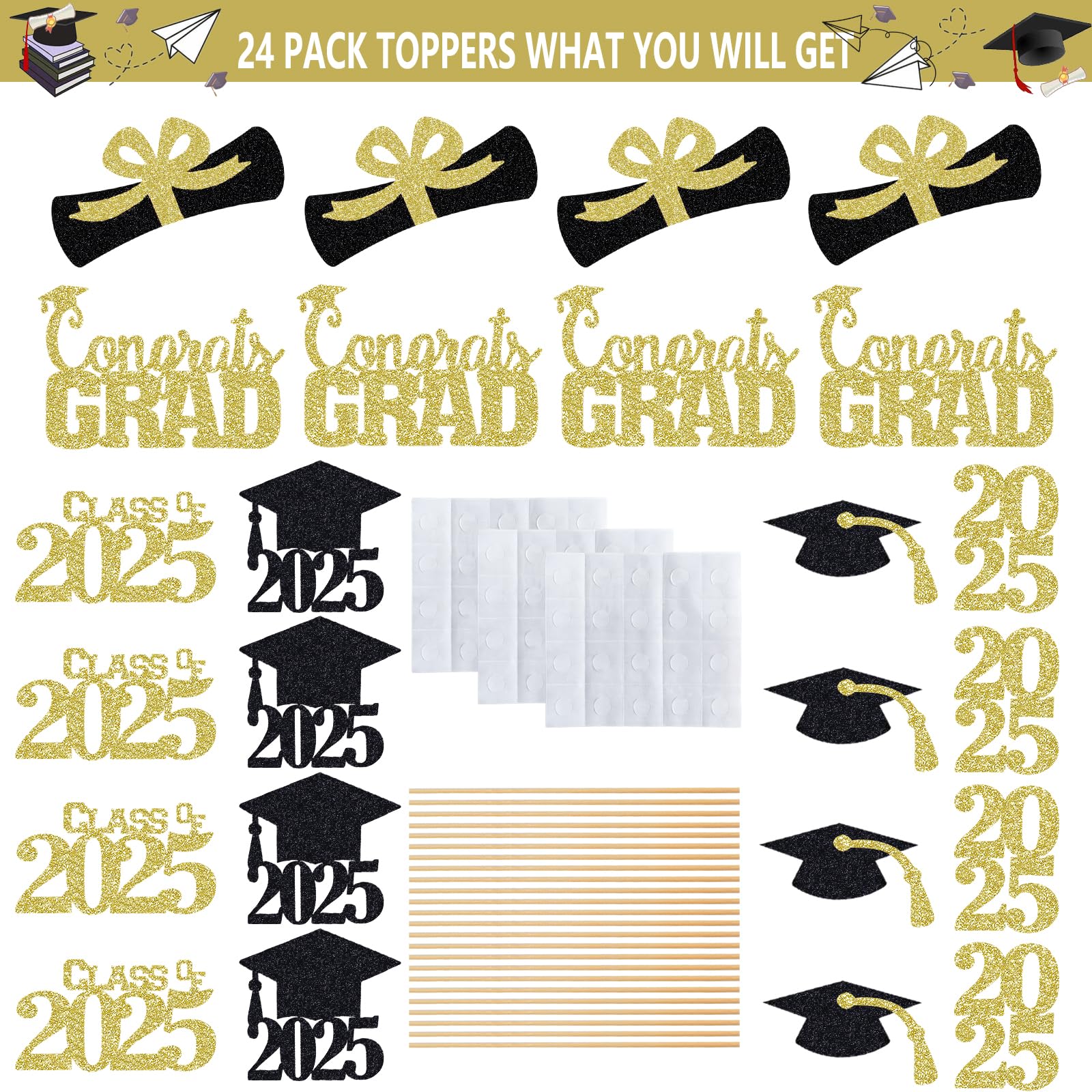 2025 Gold Graduation Party Centerpieces - Class of 2025 Table Decorations, Elegant Graduation Table Toppers & Centerpiece Sticks for Graduation Ceremony, Banquet, and Photo Backdrop Decor
