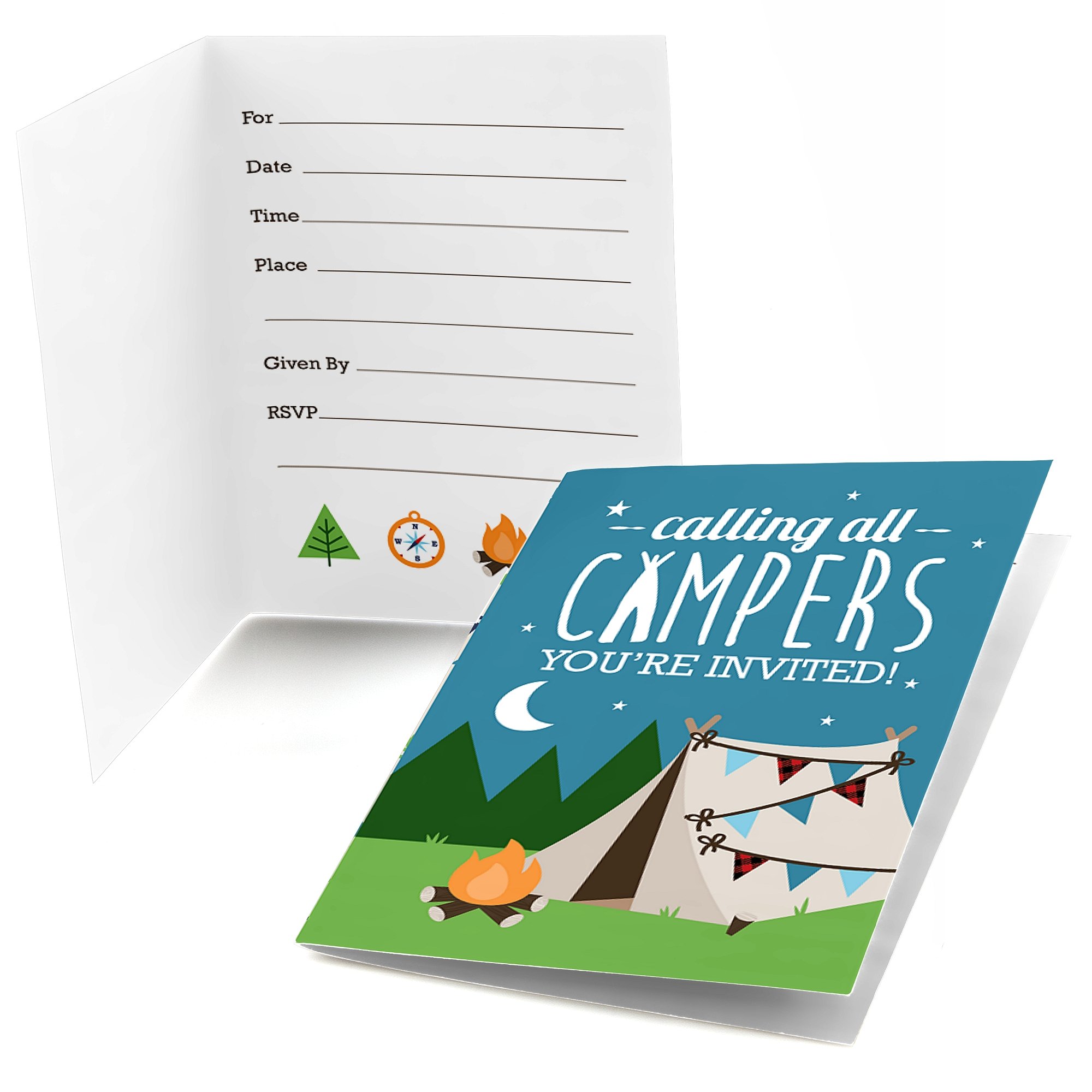 Happy Camper Fill-In Invitations for Baby Showers & Birthdays - 8 Count - Perfect for Camping Theme Parties & Outdoor Celebrations