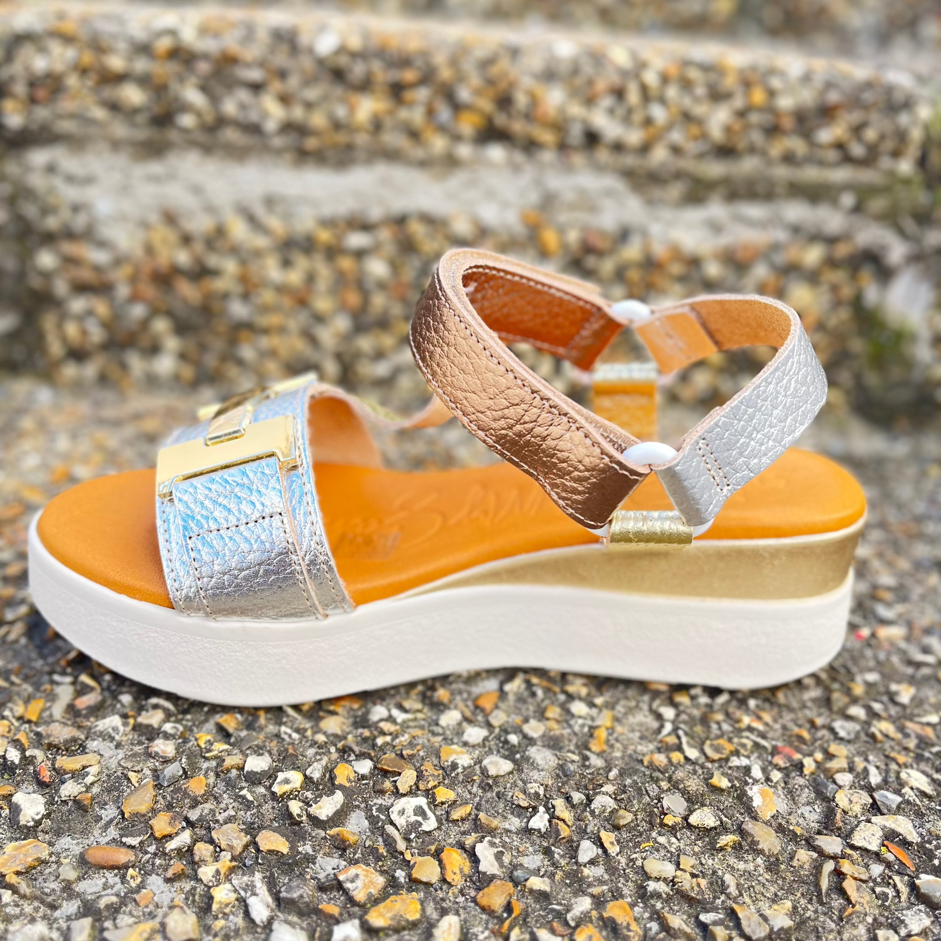 OH MY SANDALS Women's Silver & Gold Mid Wedge Sandals - Comfortable Summer Casual Shoes for Beach, Vacation & Outdoor Wear