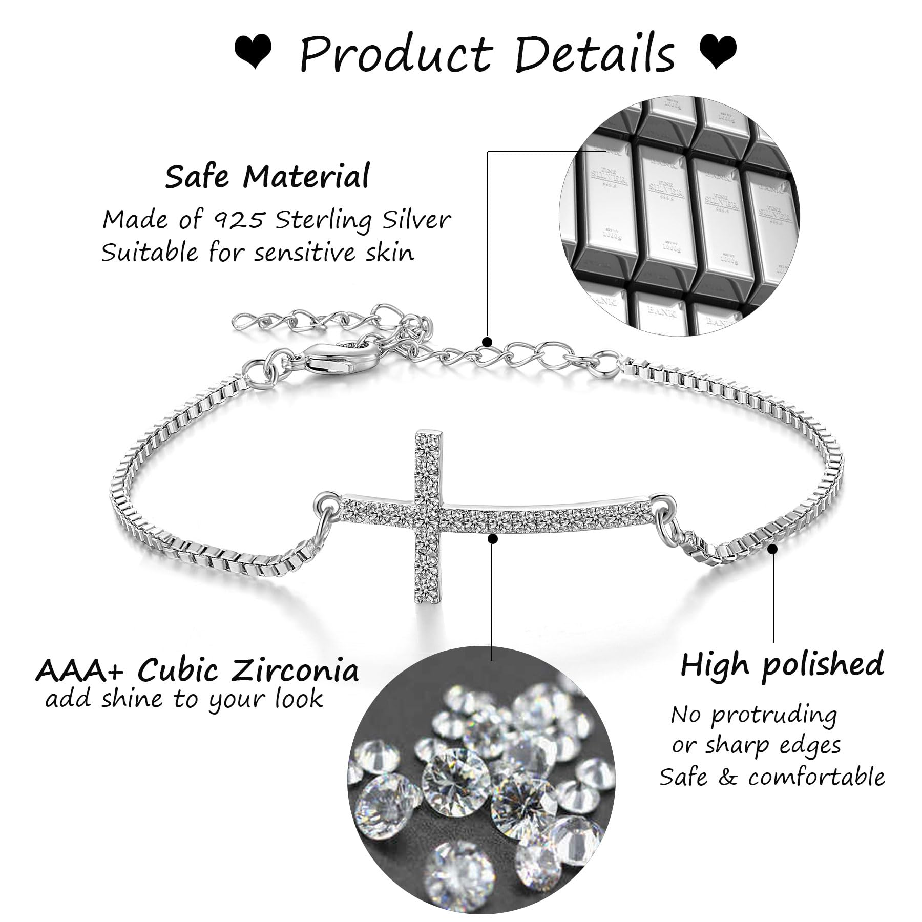 USEEDOVIA 925 Sterling Silver Cross Bracelet for Women | Cubic Zirconia Adjustable Charm Bracelet | Elegant Jewelry Gift for Birthday, Christmas, Anniversary | Perfect for Church, Wedding & Everyday Wear