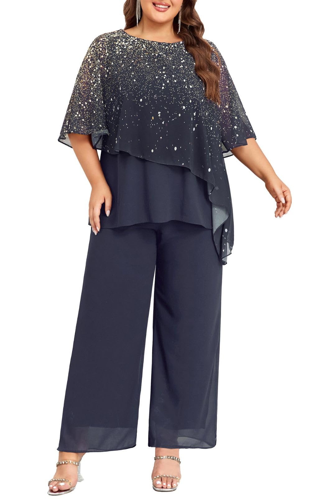 Hanna Nikole 2024 Plus Size Mother of Bride Pant Suits 2 Piece Set - Ruffle Layers Chiffon Outfit with Gradient Print for Wedding Guest, Special Occasions & Formal Events