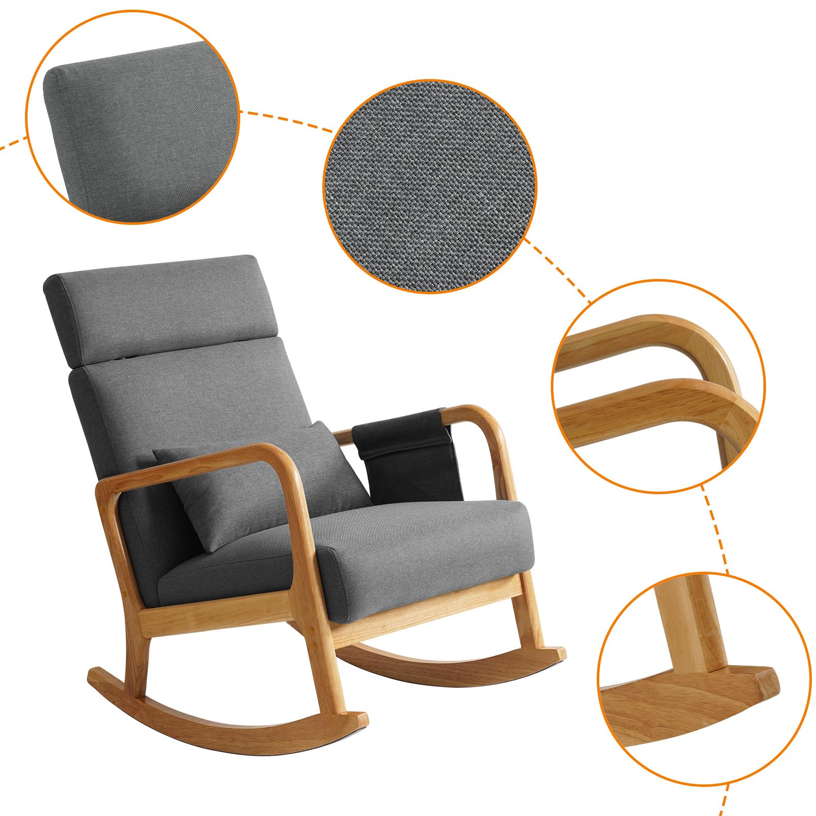 BEDHOURS Upholstered Nursery Glider Rocking Chair with High Backrest - Comfortable Armchair with Side Pocket & Pillow - Accent Chair for Living Room, Bedroom, Nursery (Light Gray) - Perfect for Breastfeeding, Reading & Relaxing