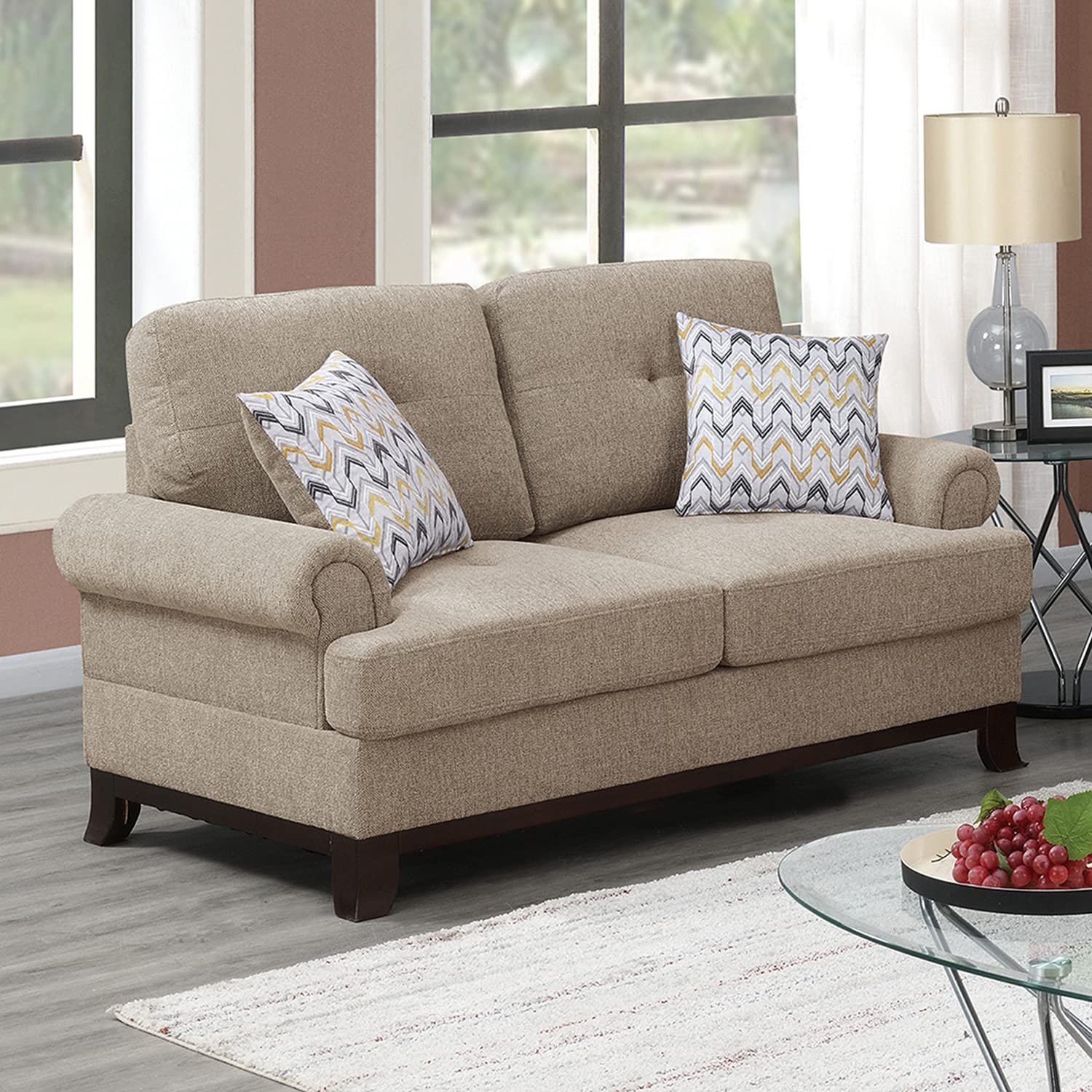 Poundex PDEX-F8839 3-Piece Camel Brown Sofa Set with Cushions - Modern Living Room Furniture for Home, Office, and Lounge Areas