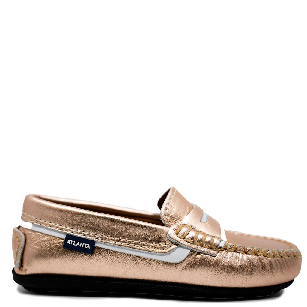Atlanta Moccasin Penny Loafers for Women - Rose Gold & White Leather Slip-On Shoes | Comfortable Casual & Office Wear