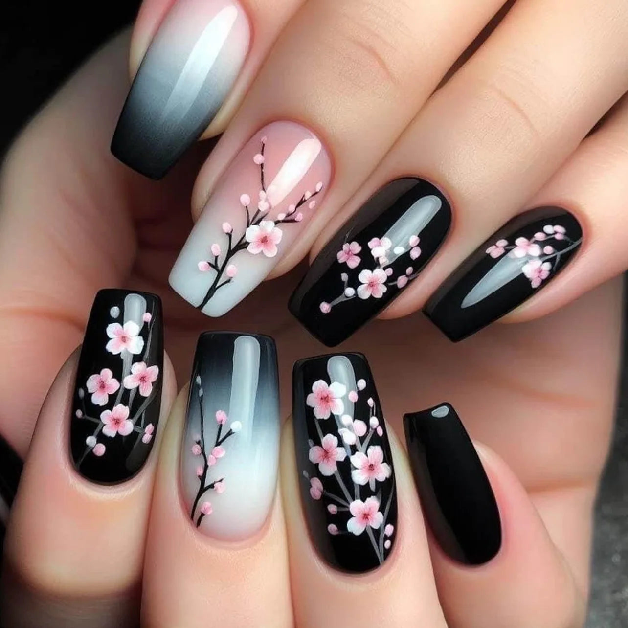 24Pcs Black Gradient Fake Nails - French Ballerina Medium Length Press on Nails with Plum Blossom Design - Detachable Manicure Set for Parties, Weddings & Special Occasions