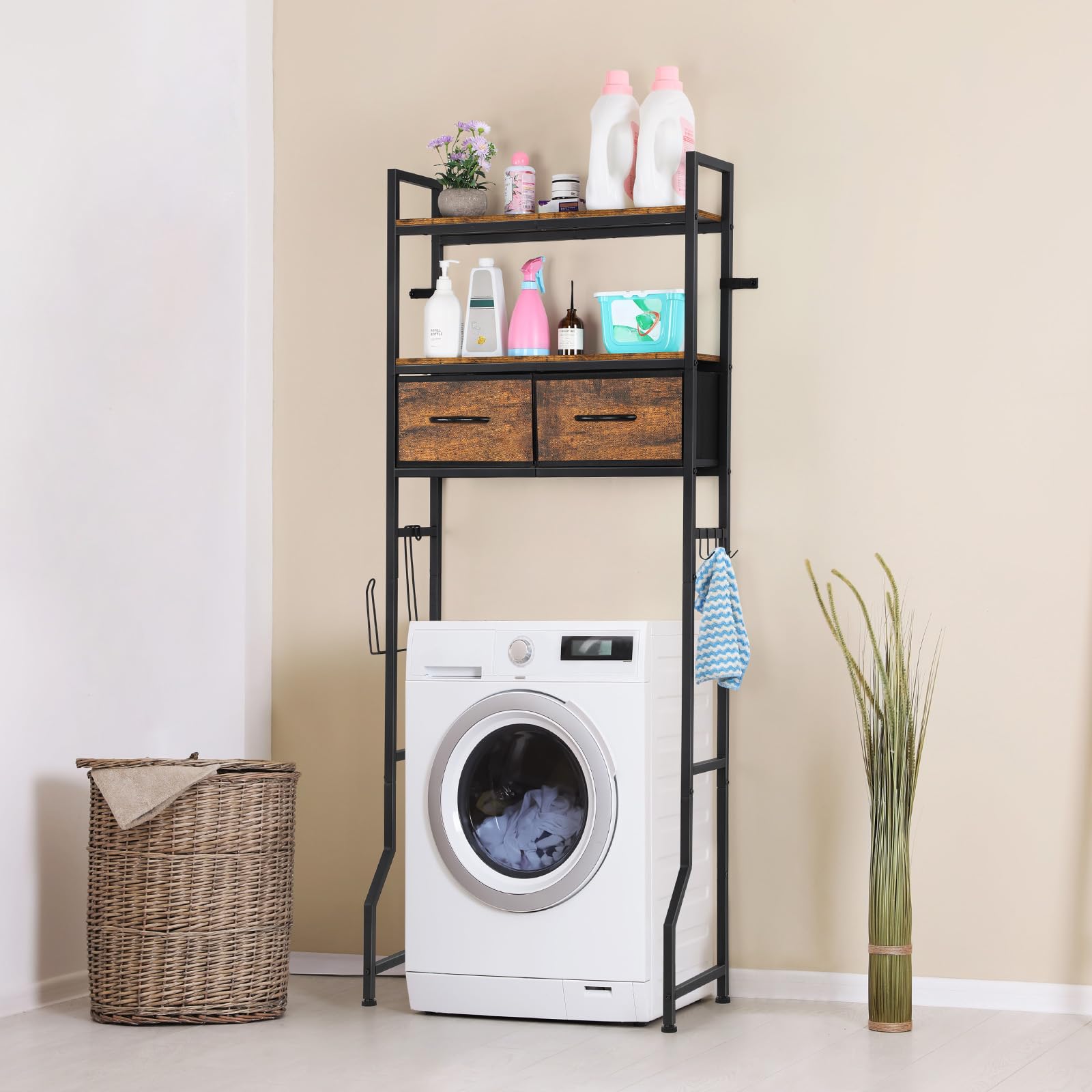 YBING Over The Toilet Bathroom Storage Cabinet - Freestanding Tall Bathroom Shelf Organizer with Fabric Drawer & Toilet Paper Holder - Space Saving Brown Bathroom Organizer for Small Bathrooms, Apartments & Dorm Rooms