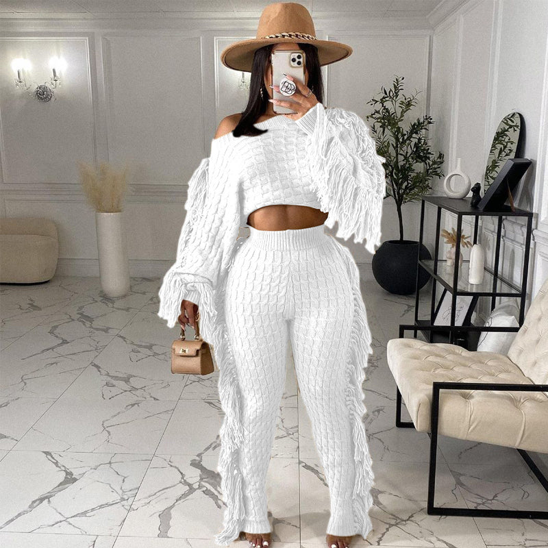 Solid Color Knitted Long Sleeve Fringe Suit - Women's Elegant Loungewear for Home, Office & Special Occasions