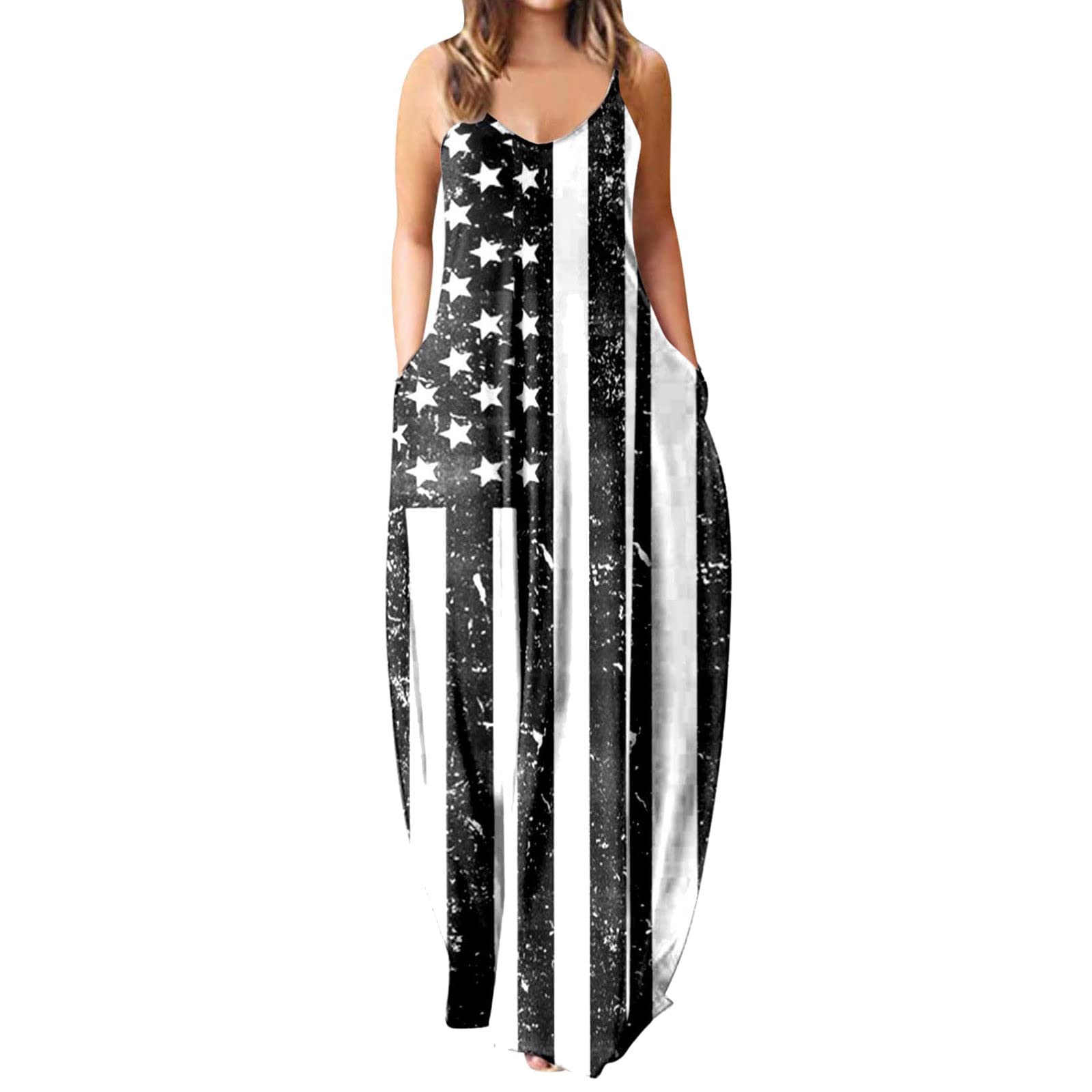 Plus Size Women's Casual Sleeveless Loose Flowy Maxi Dress - 4th of July American Flag Print Summer Beach Dress for Vacation, BBQ & Independence Day Celebrations