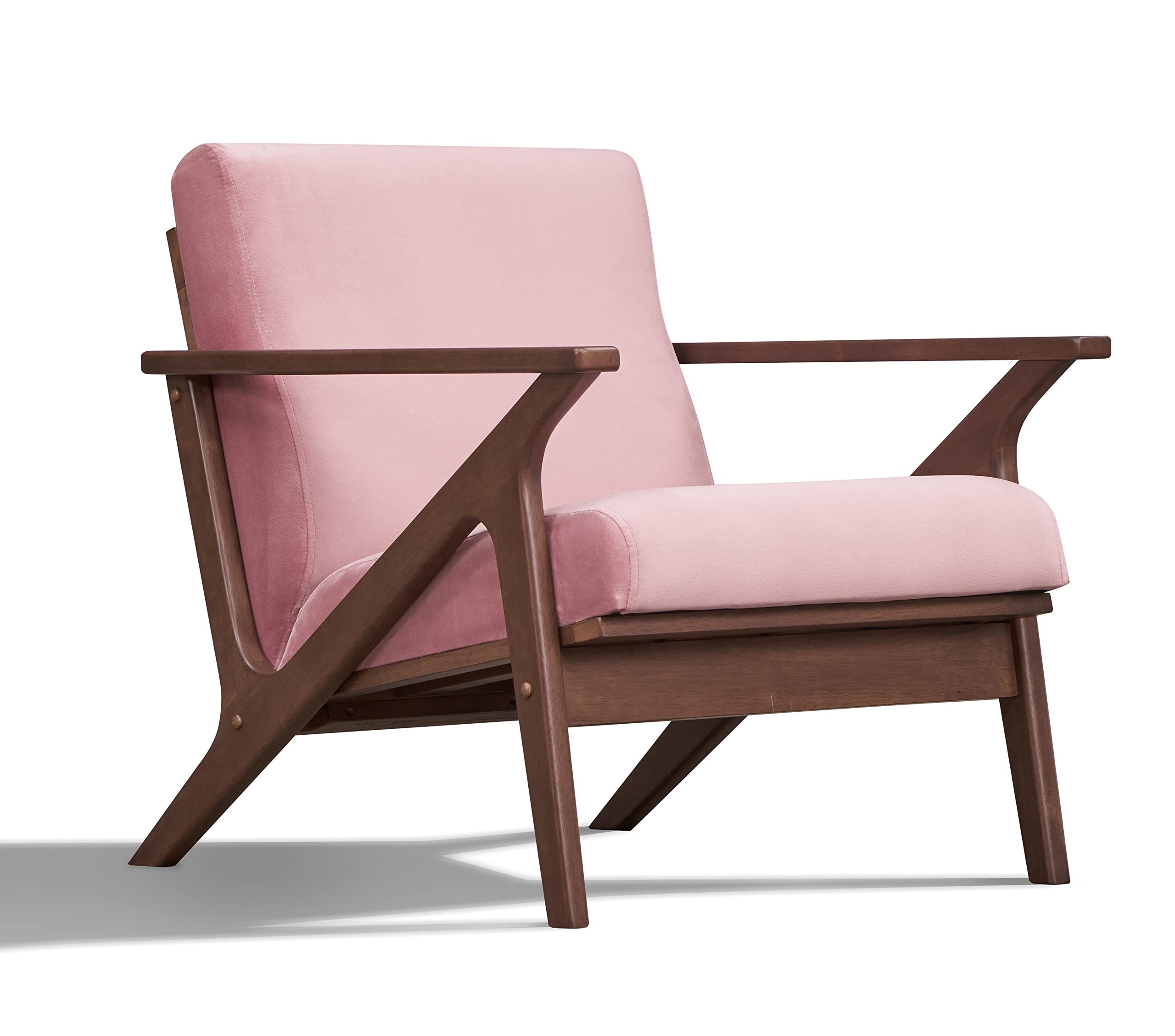 Mid Century Modern Accent Chair - Solid Wood Frame with Blush Velvet/Walnut Upholstery - Stylish Armchair for Living Room, Bedroom & Reading Nook - Perfect for Home, Office & Cozy Spaces