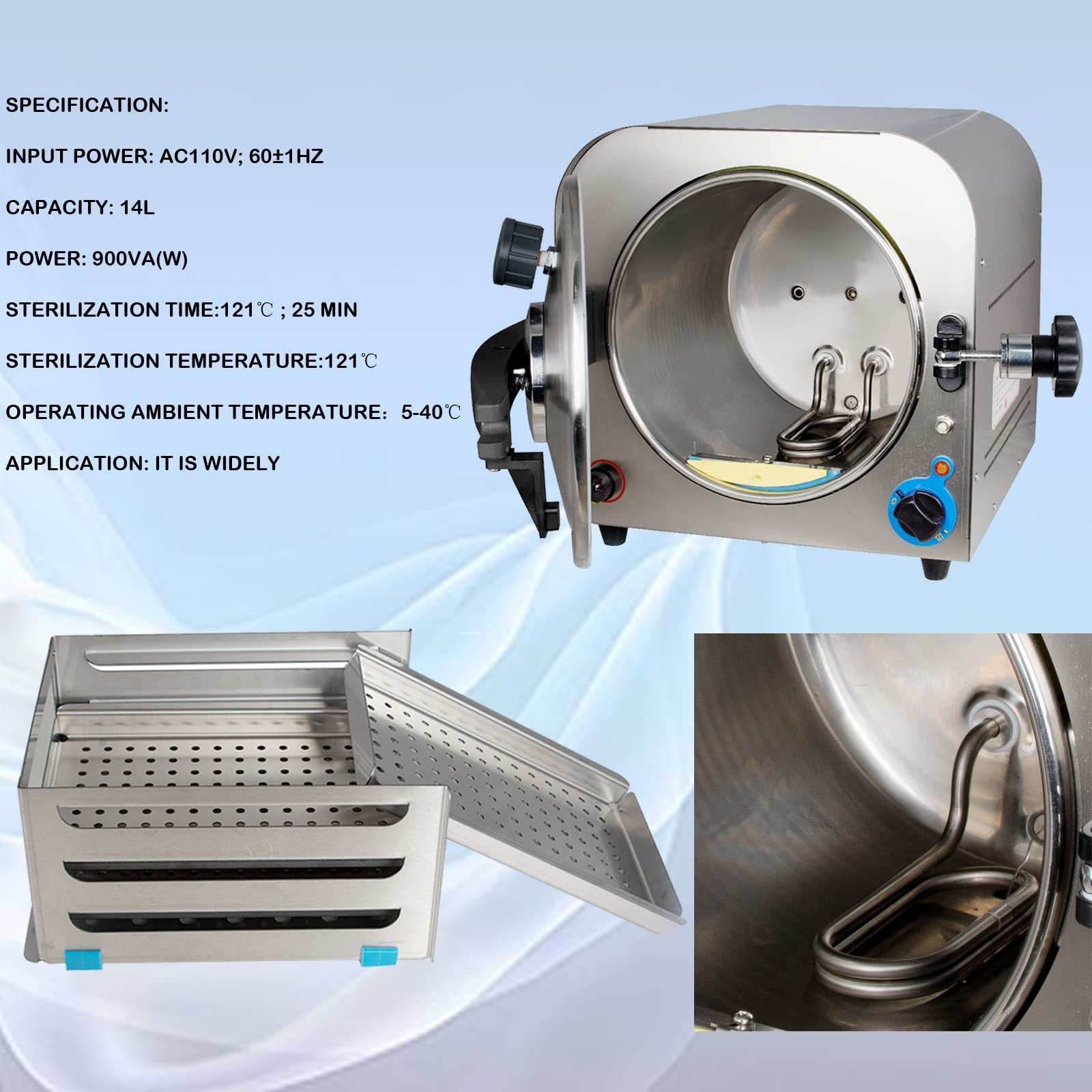 Portable 14L 900W Steam Lab Autoclave Sterilizer Machine with 3 Trays - Professional Sterilization Equipment for Medical, Dental, Tattoo & Beauty Tools - Perfect for Clinics, Salons & Laboratories