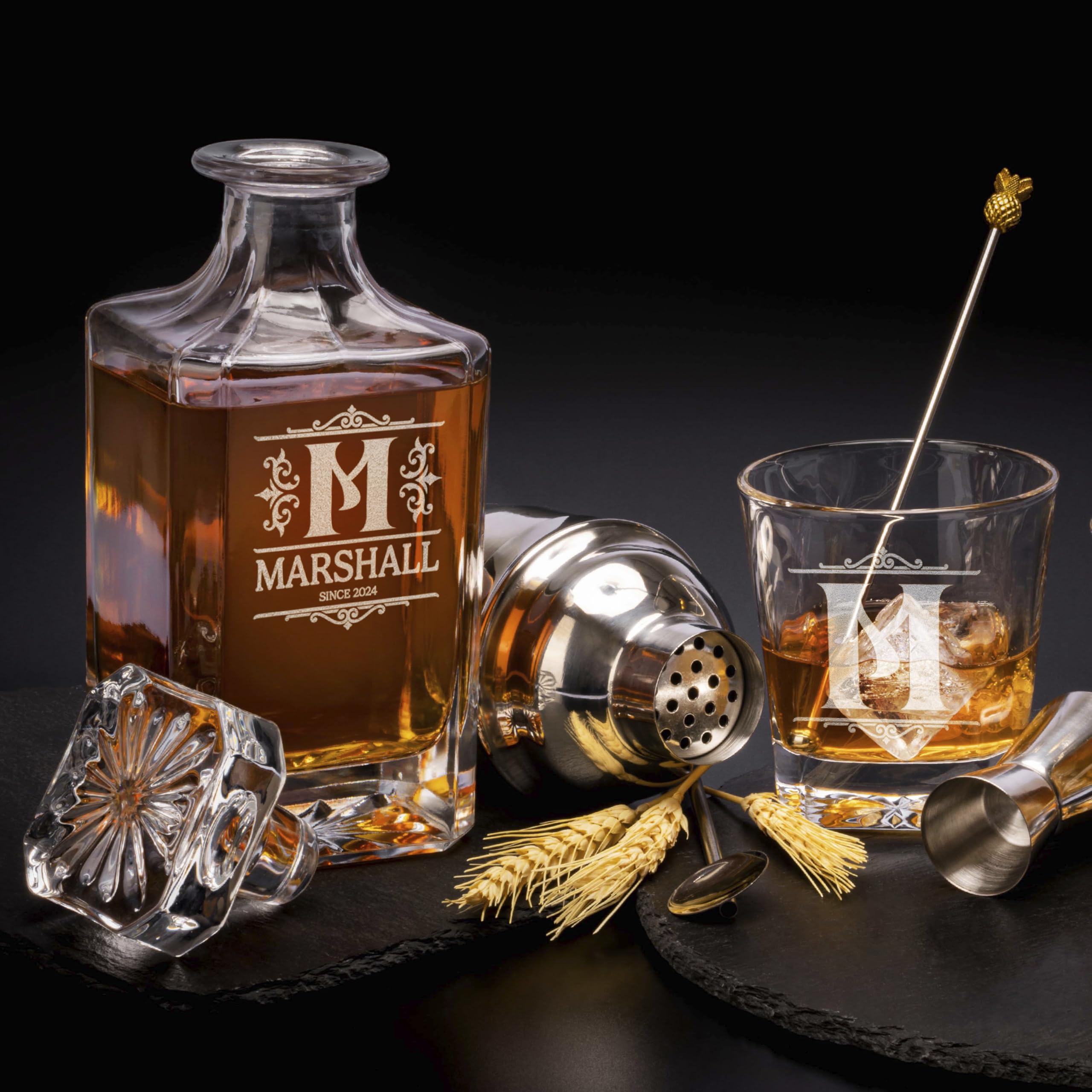 Personalized Whiskey Decanter Set with 2 Glasses - Engraved 25oz Liquor Decanter Gift for Men - Custom Monogram Barware for Birthday, Retirement & Anniversary - Perfect for Home Bars, Man Caves & Gifting