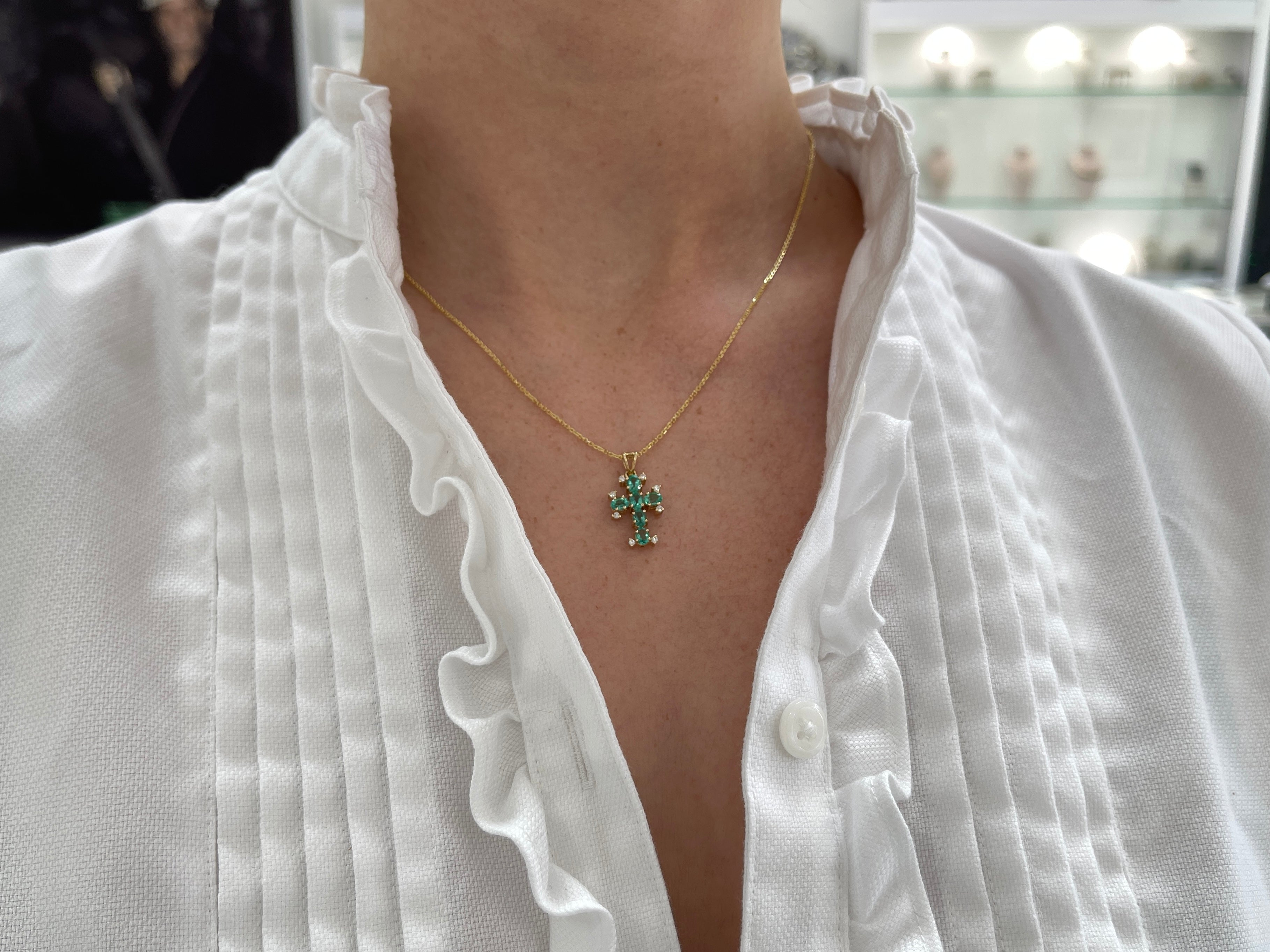 1.05tcw Oval Emerald & Diamond Cross Pendant in 14K Gold - Elegant Jewelry Gift for Women, Perfect for Christmas, Birthday & Anniversary Celebrations