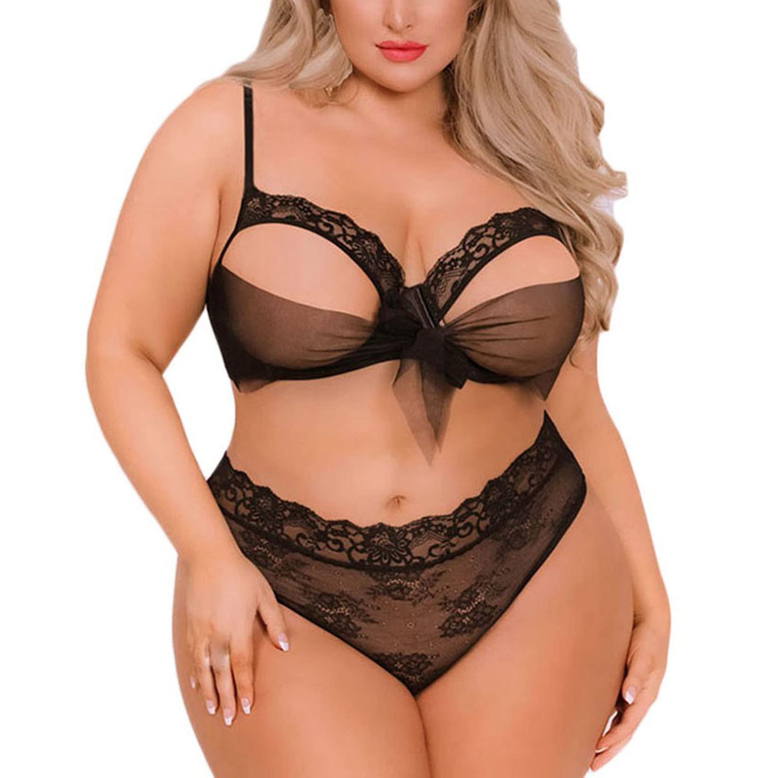 Plus Size Women's Sexy Hollow Bowknot Wireless Bra & Panty Set - Comfortable Cotton Lingerie Underwear (Black, XL) - Perfect for Date Night, Boudoir Photos & Everyday Wear