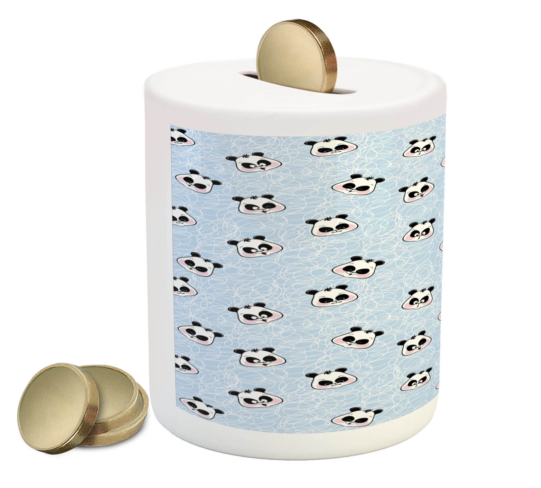 Ambesonne Ceramic Panda Piggy Bank with Happy Sad Funny Surprised Faces - Cute Money Box for Cash Saving & Coin Collection - Perfect Gift for Kids, Teens & Panda Lovers - Blue & Black Design for Home, Office or Dorm Decor
