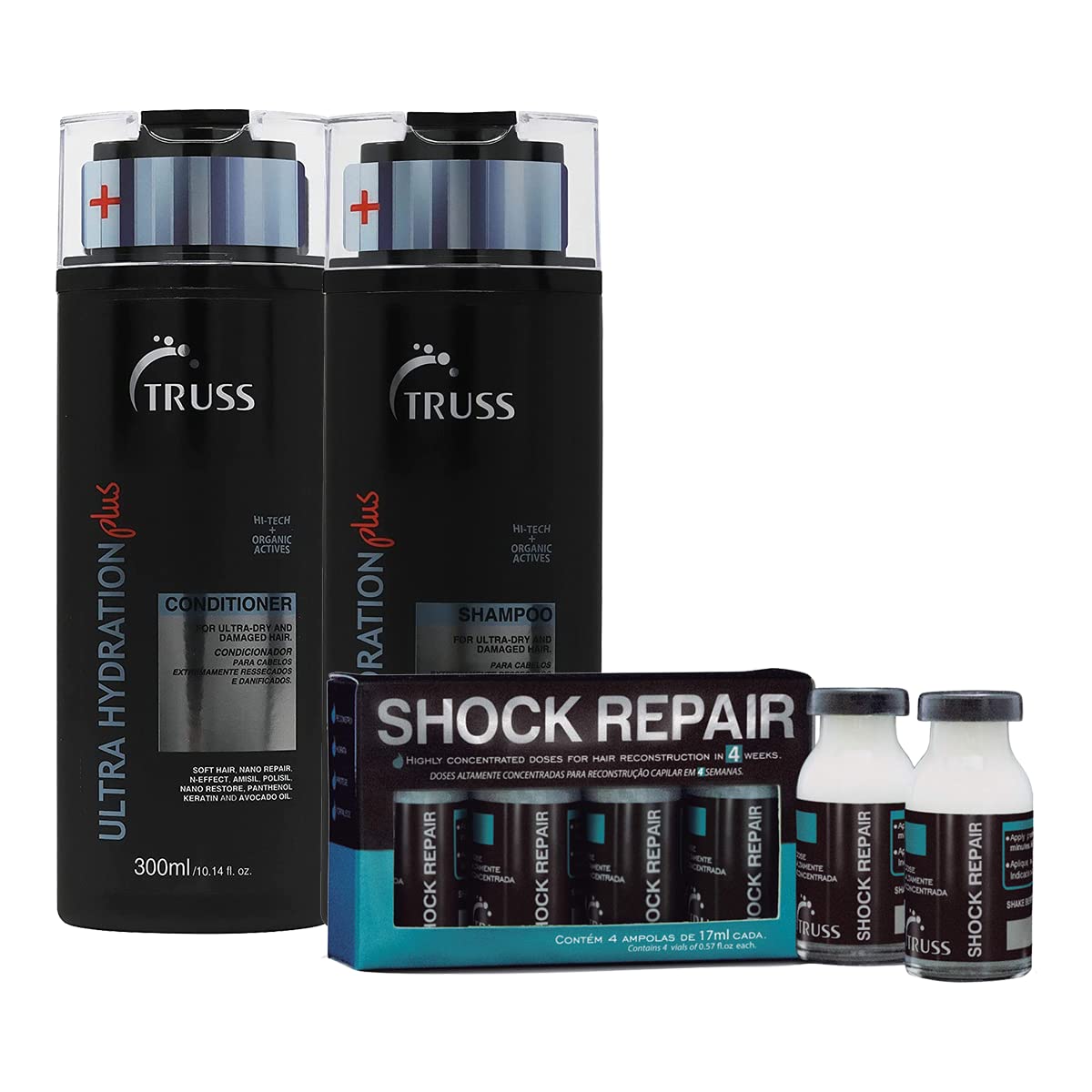 TRUSS Ultra Hydration Plus Shampoo & Conditioner Set with Shock Repair Hair Treatment - Best for Dry, Damaged Hair - Salon Quality Hair Care for Frizz Control & Deep Moisturizing (Perfect for Color-Treated & Chemically Processed Hair)