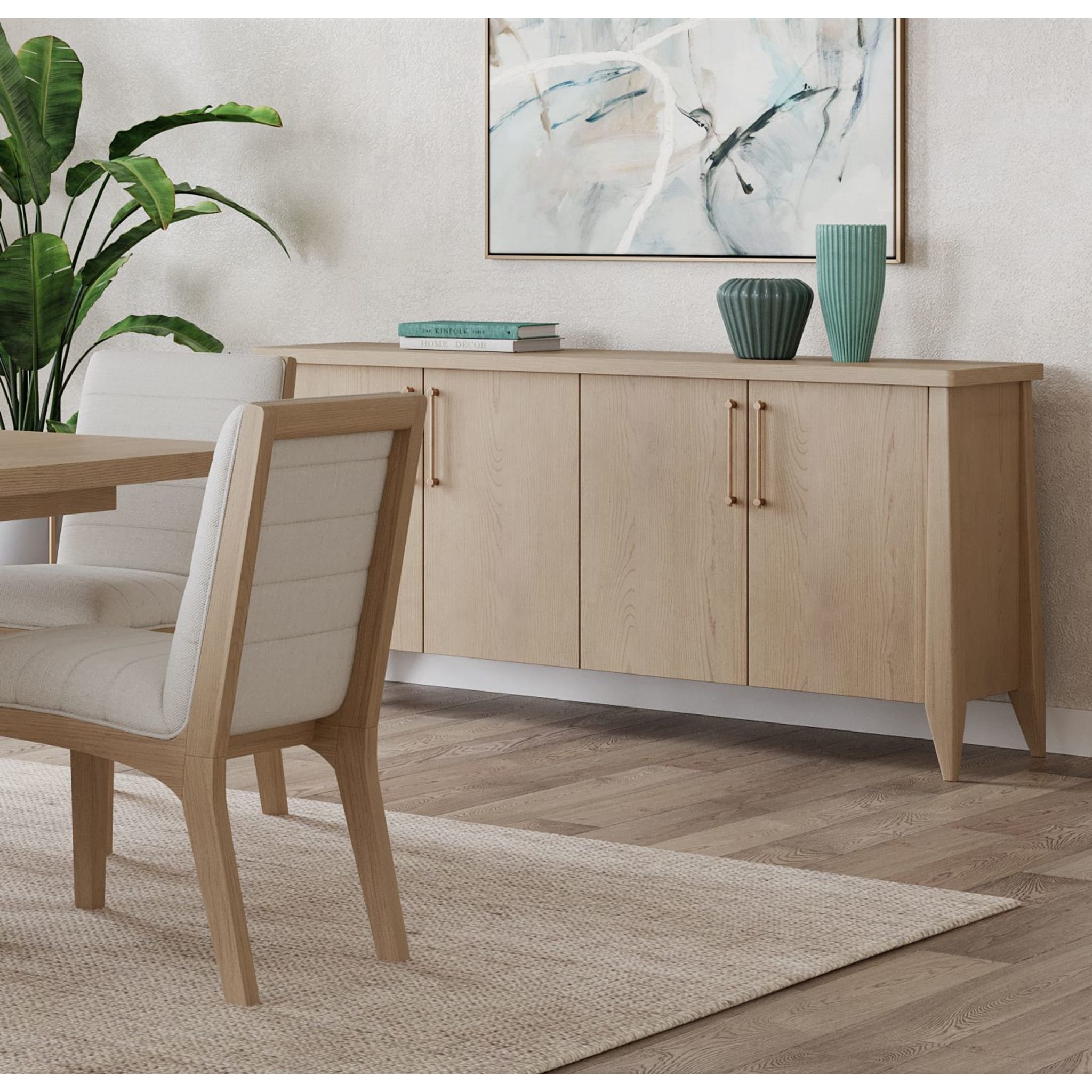 Sumire 4-Door Ash Wood Sideboard in Ginger Finish - Modern Buffet Cabinet for Dining Room, Living Room, or Entryway Storage