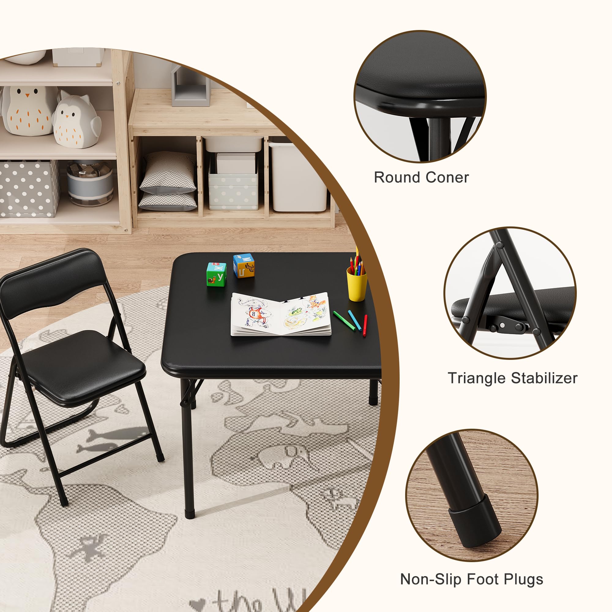 GAOMON 3-Piece Kids Folding Table and Chairs Set - Portable Children's Study Desk with PU Soft Cushion - No Assembly Required - Perfect for Eating, Reading, Playing & Homeschooling - Ideal for Playroom, Nursery & Preschool Classroom
