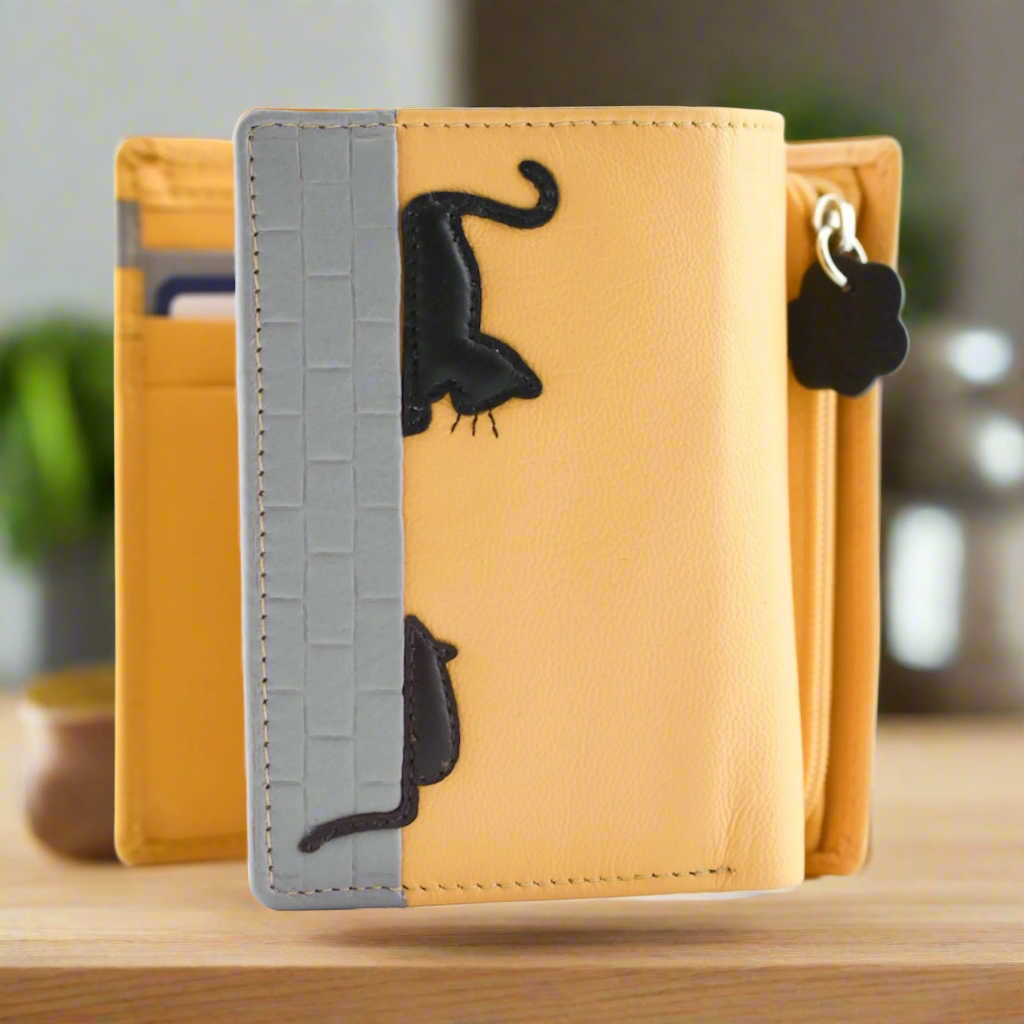 Stylish Mala Leather Cat & Mouse Tri-Fold Wallet in Yellow - Perfect for Women's Everyday Use, Gift Giving & Fashion Accessories