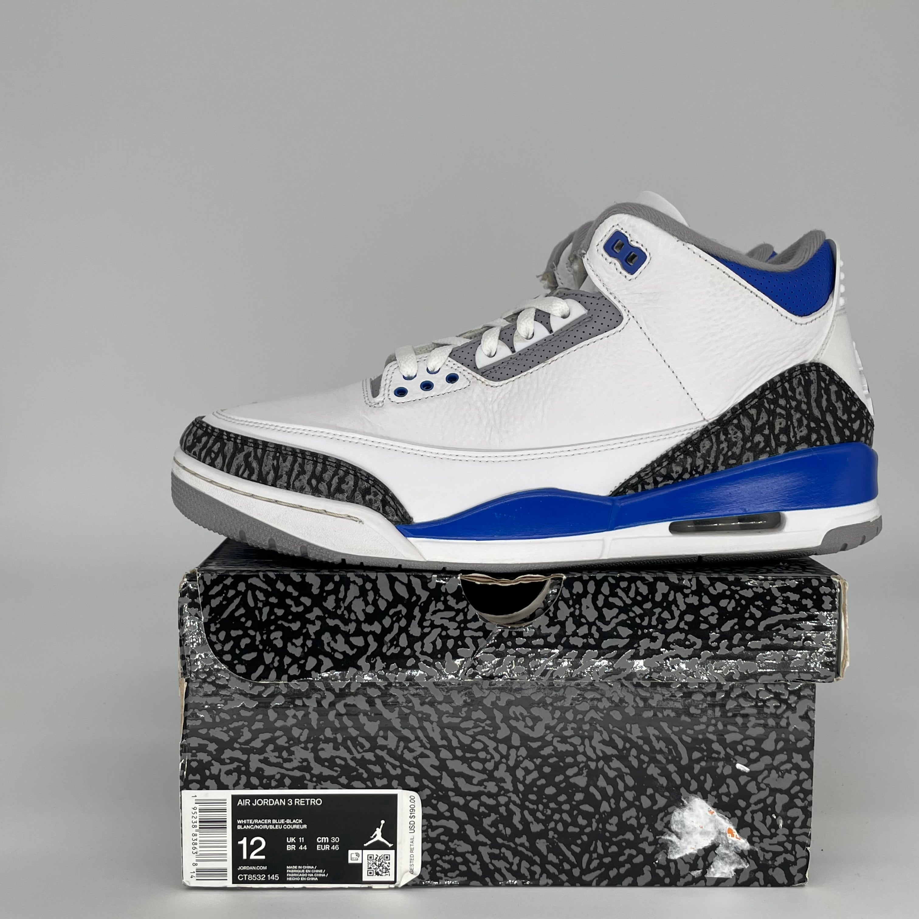 AIR JORDAN 3 RACER BLUE Men's Basketball Shoes Size 12 - Retro Style Sneakers for Running, Training & Casual Wear (CT8532-145)