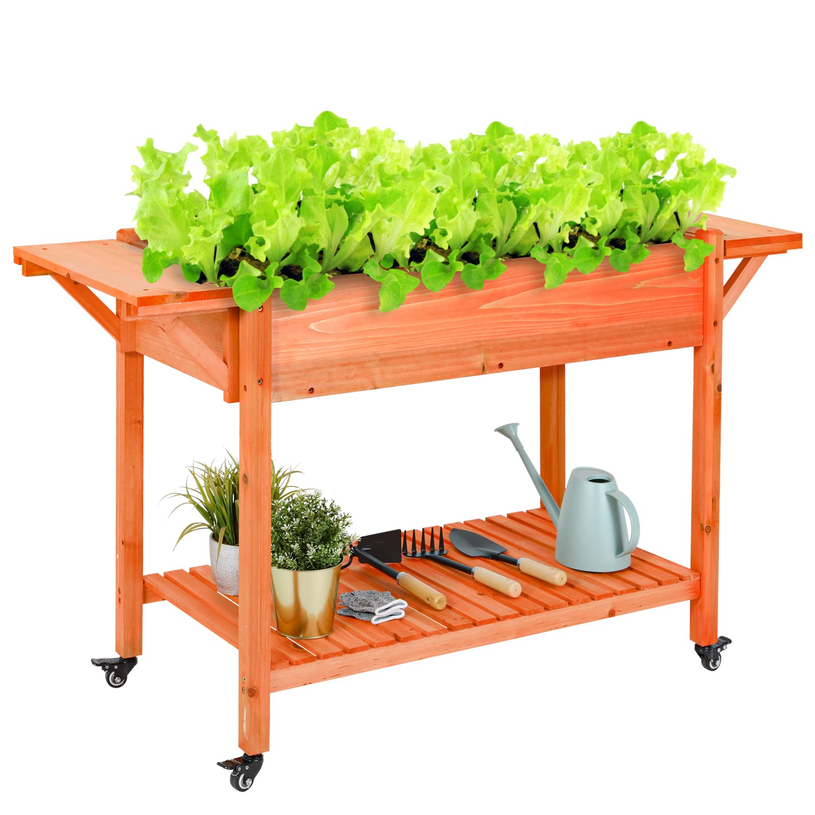 **Lawnion Elevated Raised Garden Bed with Wheels - 4FT Outdoor Planter Box with Side Tables & Storage Shelf - Sturdy Vegetable Grow Stand for Backyard, Patio, Balcony (Gold Red) - Perfect for Gardening, Growing Herbs, Flowers & Small Vegetables**