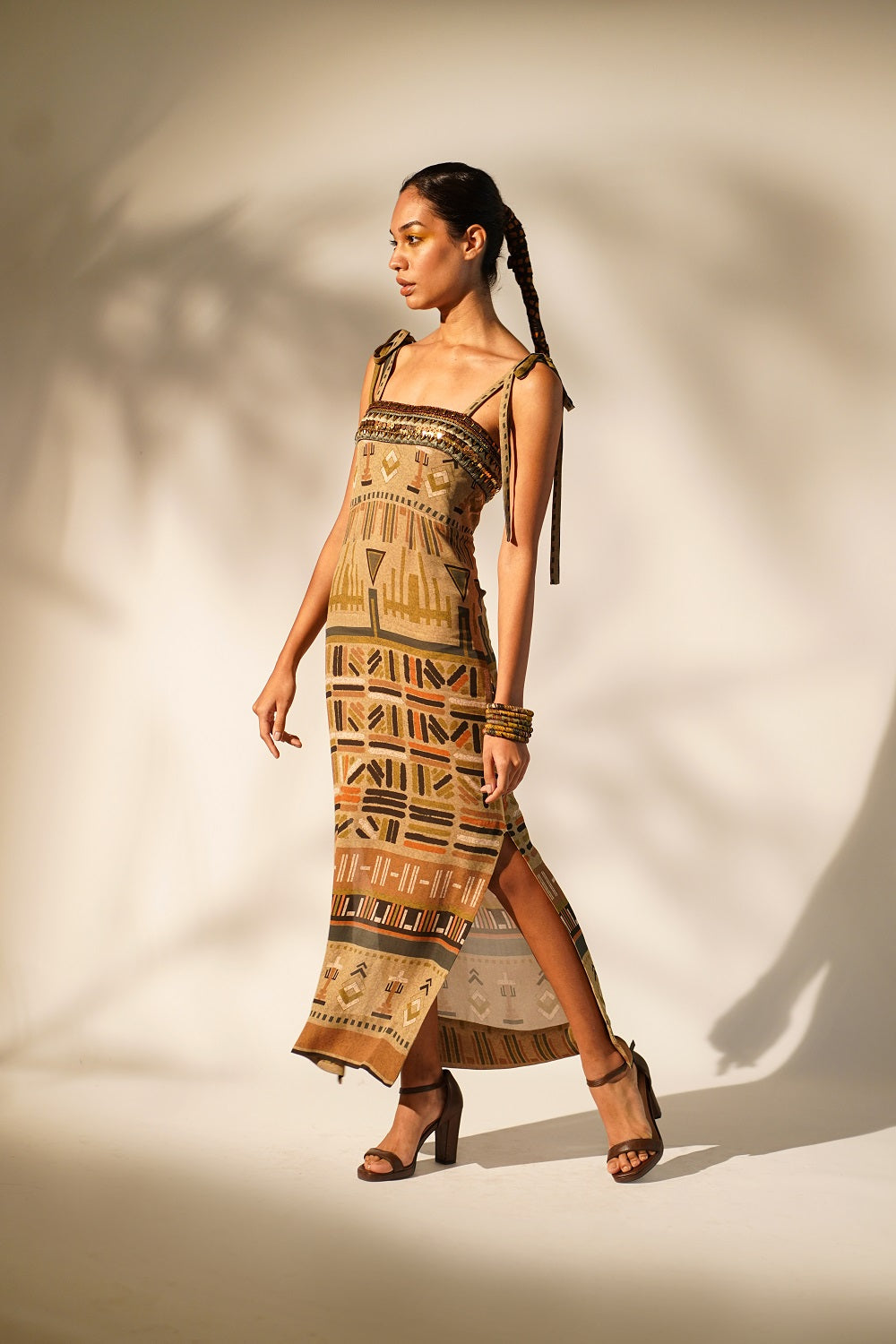 Stylish Green Aztec Print Tube Dress with Hand-Threaded Details & Wooden Embellishments | Perfect for Boho Festivals, Beach Vacations & Summer Parties