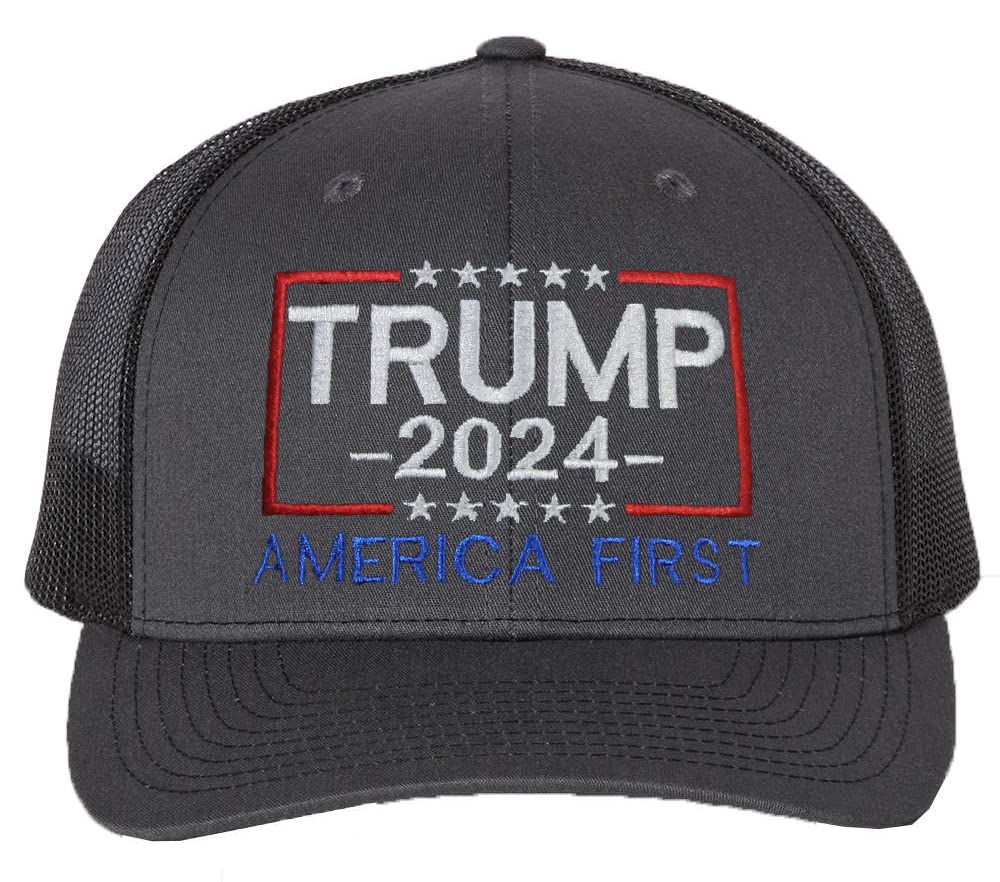 Trump 2024 America First Embroidered Trucker Hat for Adults - Patriotic 6-Panel Baseball Cap for Political Supporters & Outdoor Events