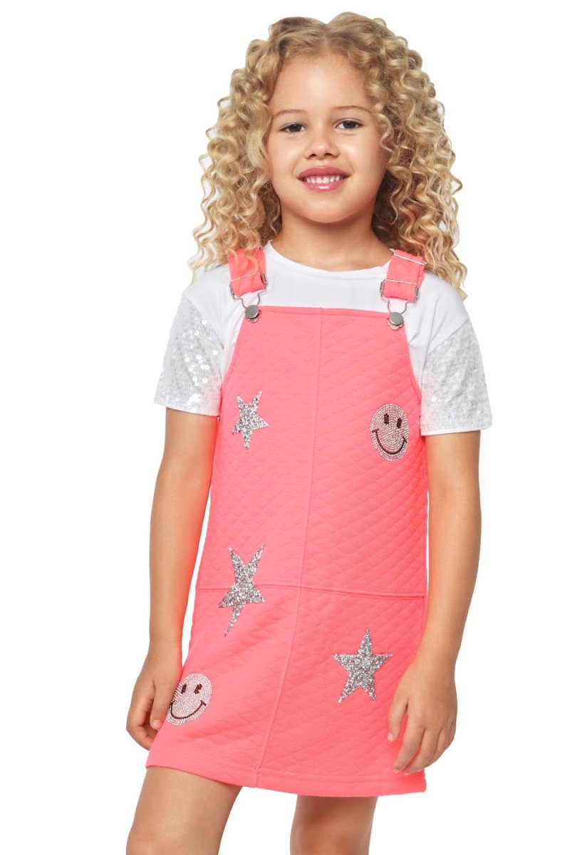 Metallic Patches Neon Overalls Dress for Women - Trendy 90s Retro Fashion Outfit for Parties, Concerts & Festivals