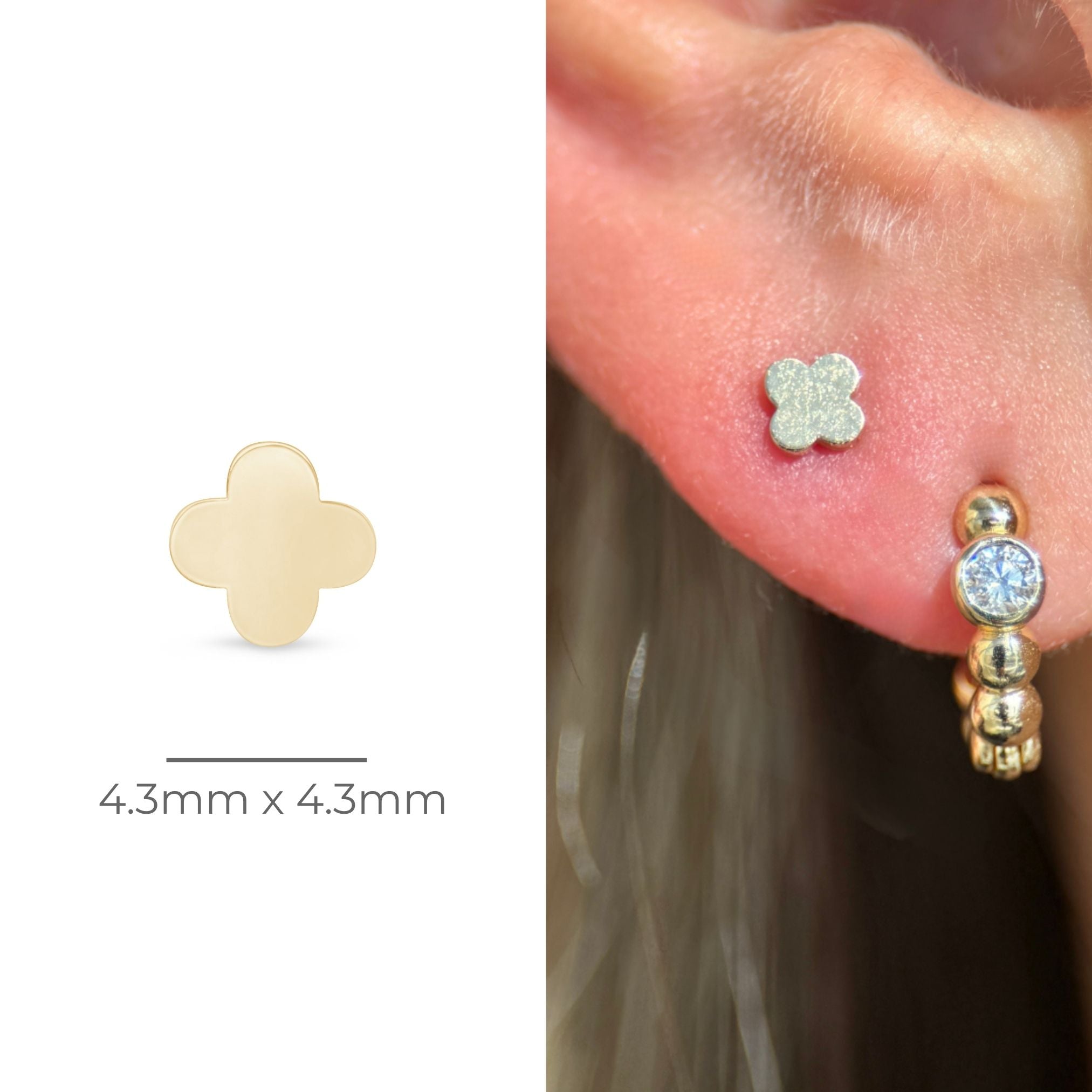 14K Solid Yellow Gold Clover Flat Back Stud Earrings - Perfect for Everyday Wear, Gifts & Special Occasions