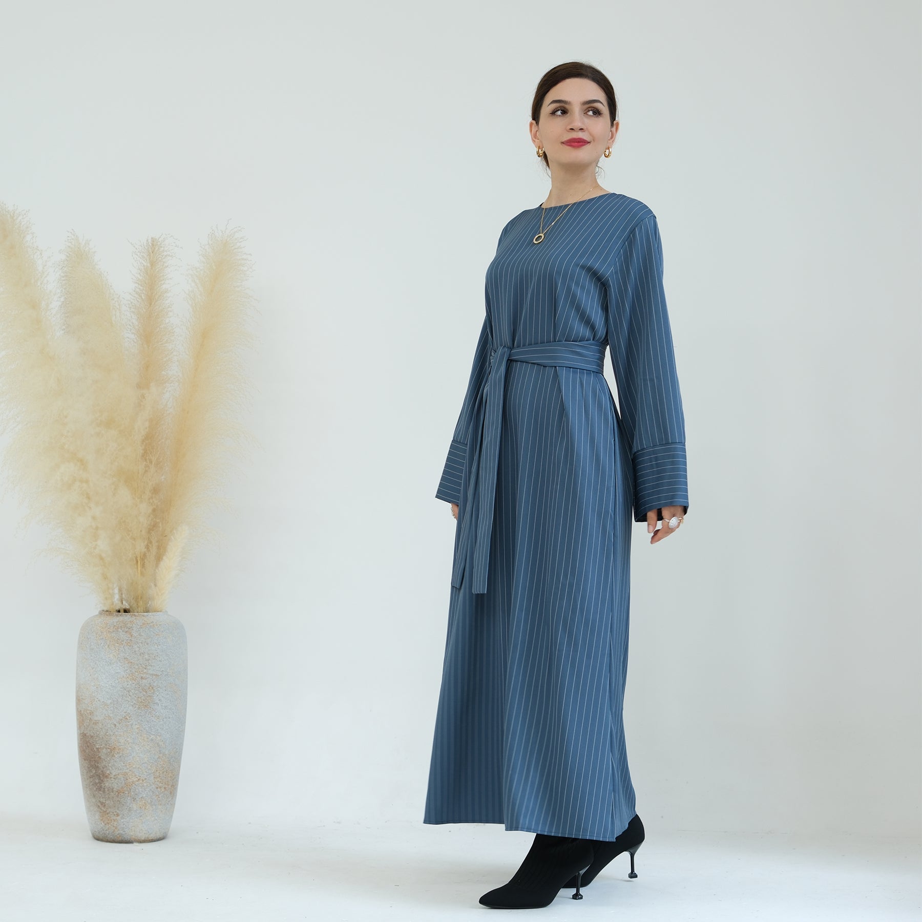 Janine Stripe Long Sleeve Belted Maxi Dress for Women - Flowy Blue Midi Dress with Belt, Elegant Casual & Party Wear, Perfect for Weddings, Date Nights and Summer Outings
