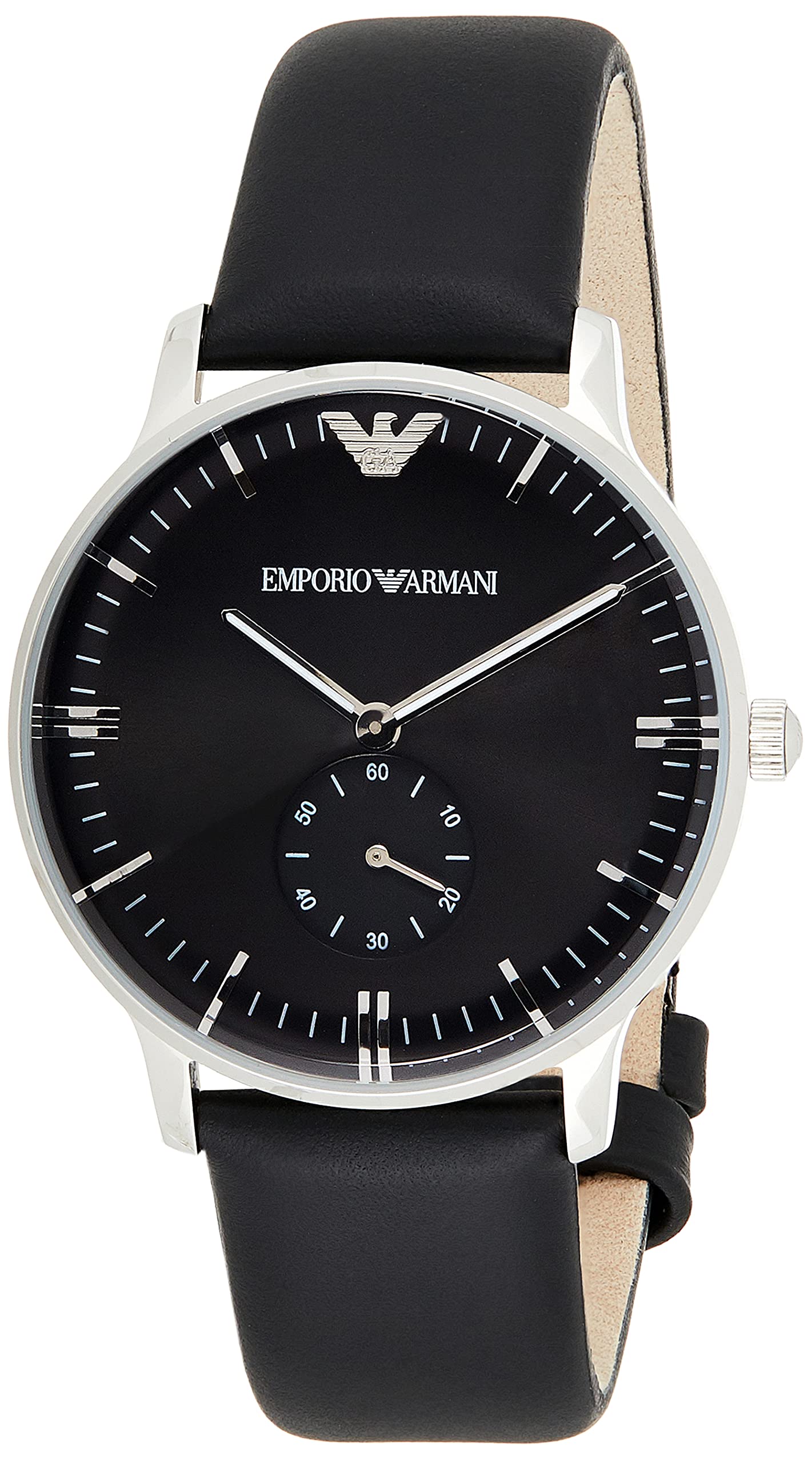 Emporio Armani Men's Black Leather Strap Stainless Steel Quartz Watch - AR0382 | Water Resistant, Date Display | Perfect for Business, Casual & Formal Occasions