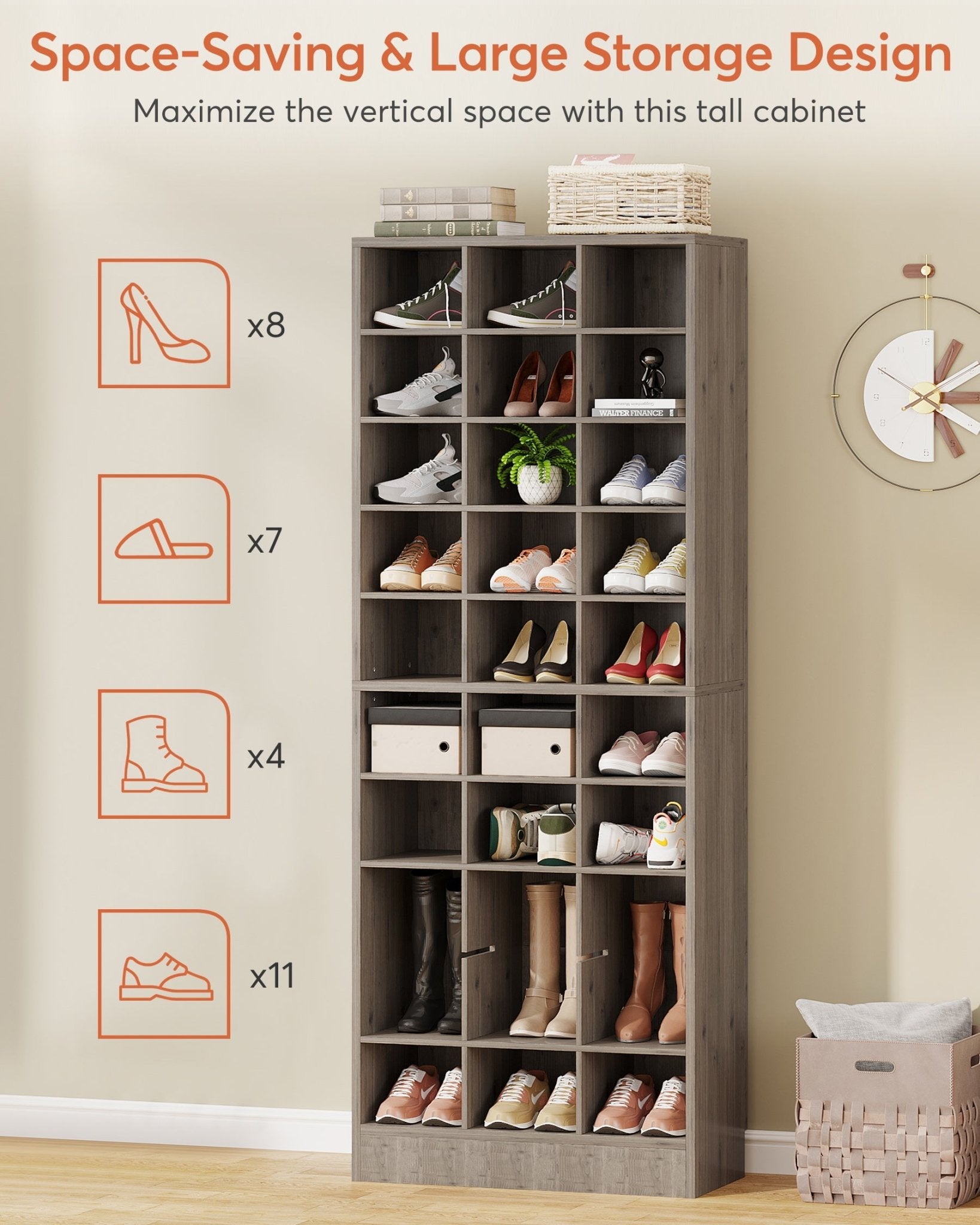 10-Tier Wooden Shoe Storage Cabinet with 30 Cubbies - Space Saving Shoe Organizer for Entryway, Closet & Bedroom - Perfect for Sneakers, Boots & Sandals