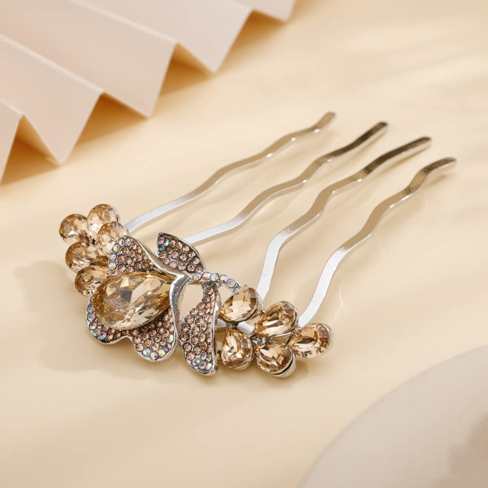 Aimimier Dainty Crystal Flower Hair Comb - Sparkly Rhinestone Inlaid Bridal Hair Accessories for Women & Girls (Champagne) | Wedding, Prom, Party & Special Occasion Hairstyle Essential