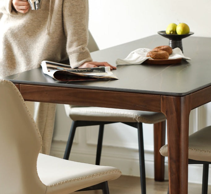 Premium Black Walnut Wood Dining Table with Natural Slate Stone Top - Elegant Farmhouse Style for Dining Room, Kitchen, or Rustic Home Decor