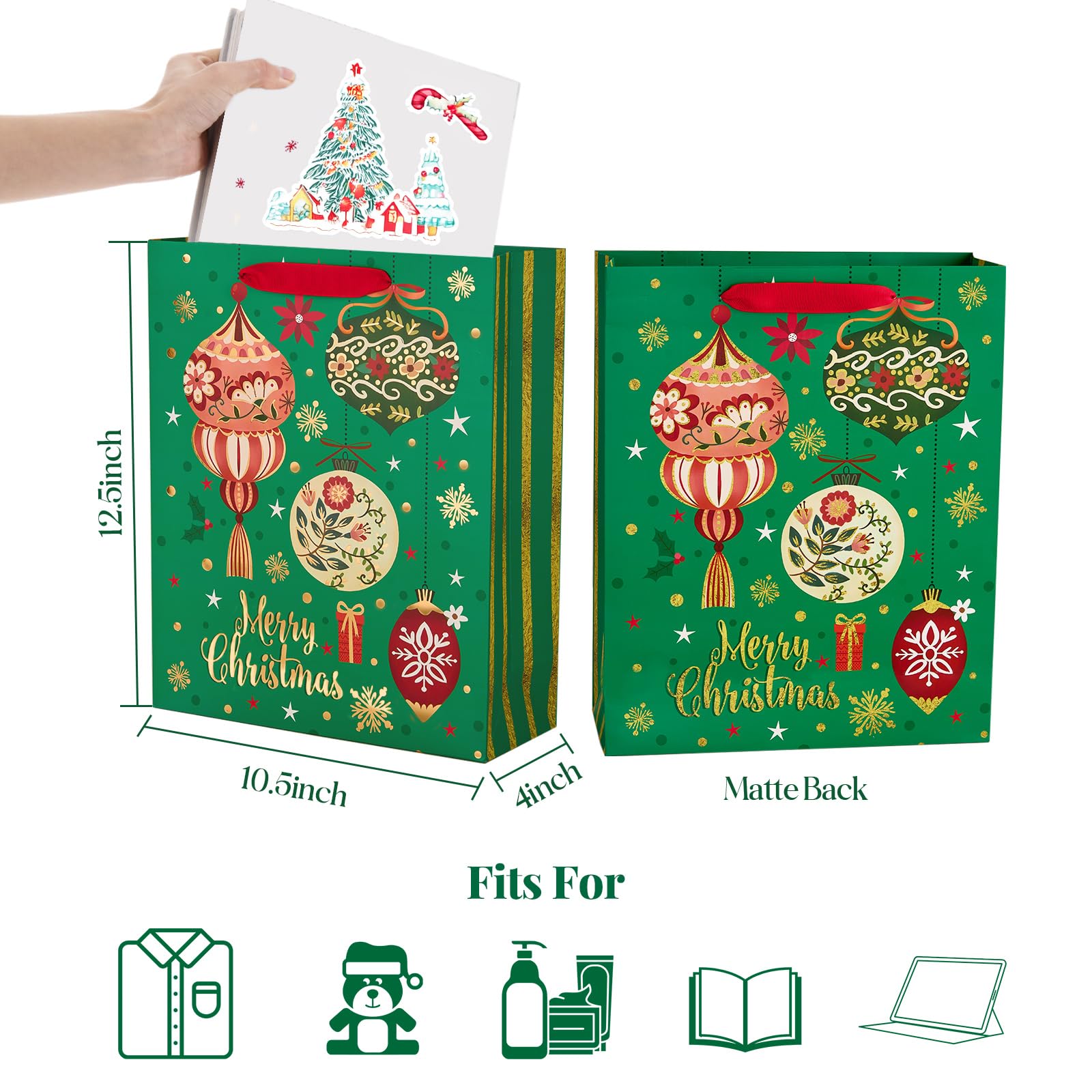 12Pcs Red Green Metallic Gold Christmas Gift Bags Bulk - Large 12.5x10.5 Inch Holiday Gift Wrap Bags with Gilded Xmas Tree, Gingerbread & Reindeer Designs - Foiled Mistletoe Favor Bags for Christmas, New Year, Office Parties & Holiday Gift Exchanges