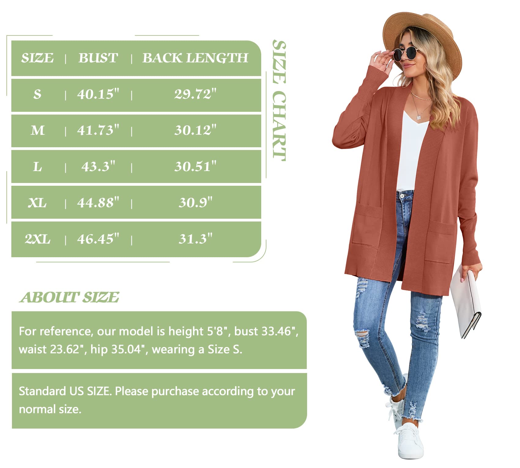 SUEANI Women's Open Front Long Sleeve Knit Cardigan with Pockets - Casual Classic Sweater for Fall & Winter - Perfect for Office, Coffee Dates & Cozy Evenings