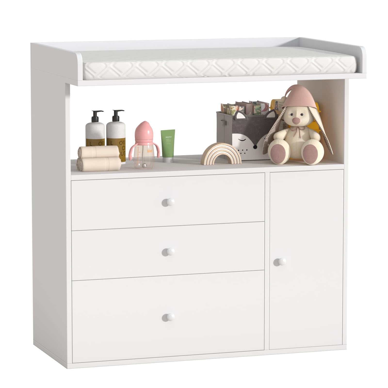 Baby Changing Table Dresser with Wide Tabletop - 3 Drawers & 1 Cabinet Storage - Nursery Organizer with Changing Pad Area - Perfect for Baby Bedrooms, Daycare & Gift Registry Essentials