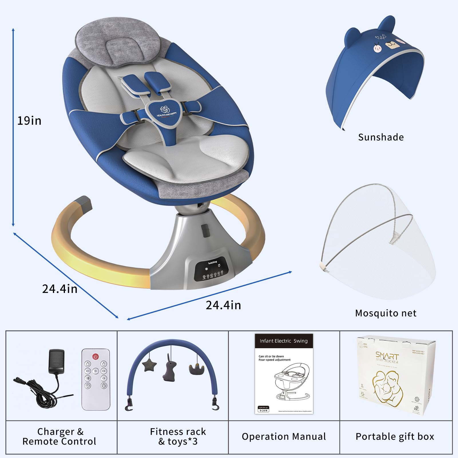 Electric Baby Swing for Infants & Newborns - Portable Rocker Bouncer with 12 Lullabies, 5 Speed Settings, Fitness Rack & Mosquito Net - Perfect for Nursery, Daycare & Travel Use