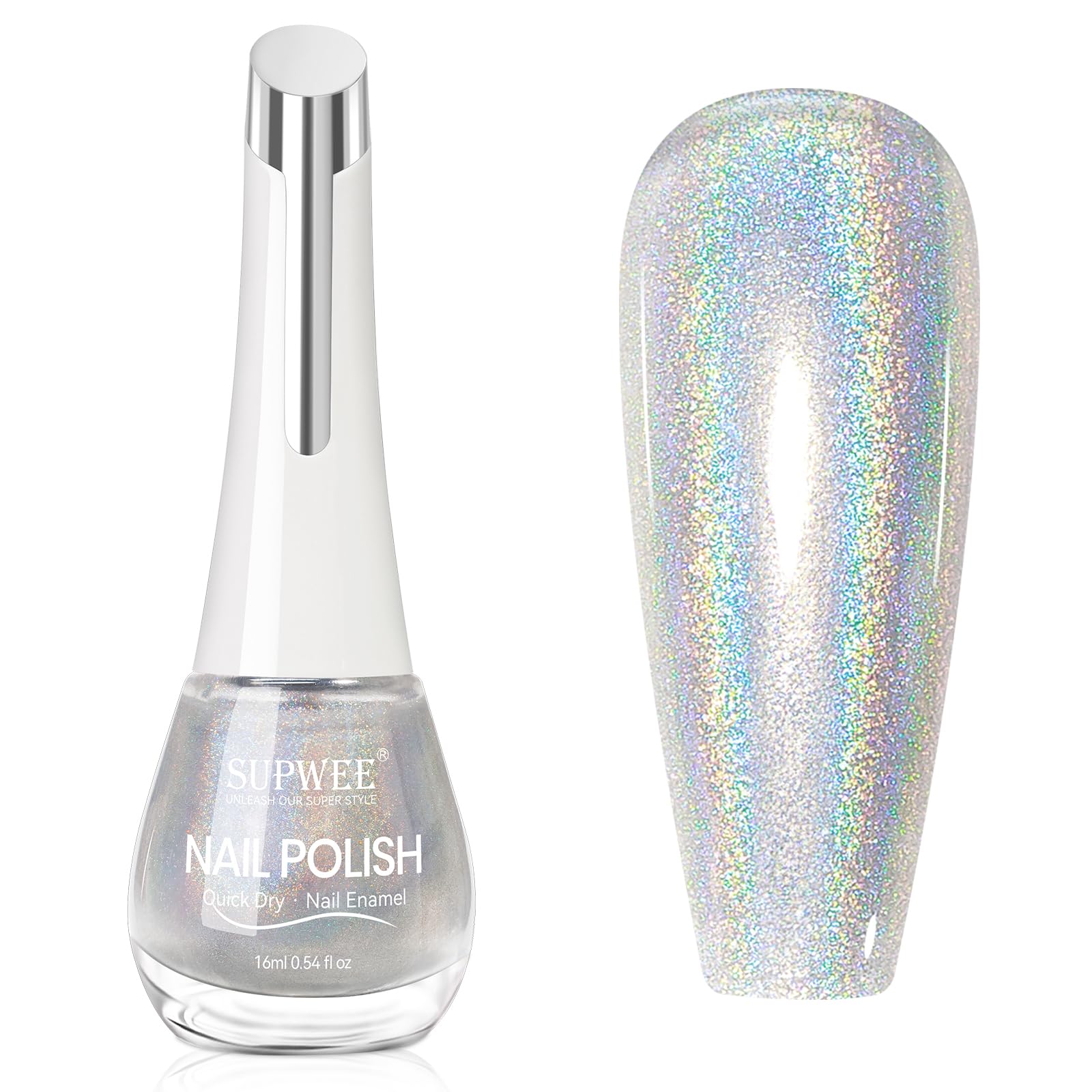 SUPWEE Holographic Nail Polish - 16ML Laser Effect Silver Mirror Glitter Nail Varnish, Quick Dry Shimmer Metallic Polish for Nail Art, Long Lasting No UV Light Needed | Perfect for Parties, Weddings, and Special Occasions