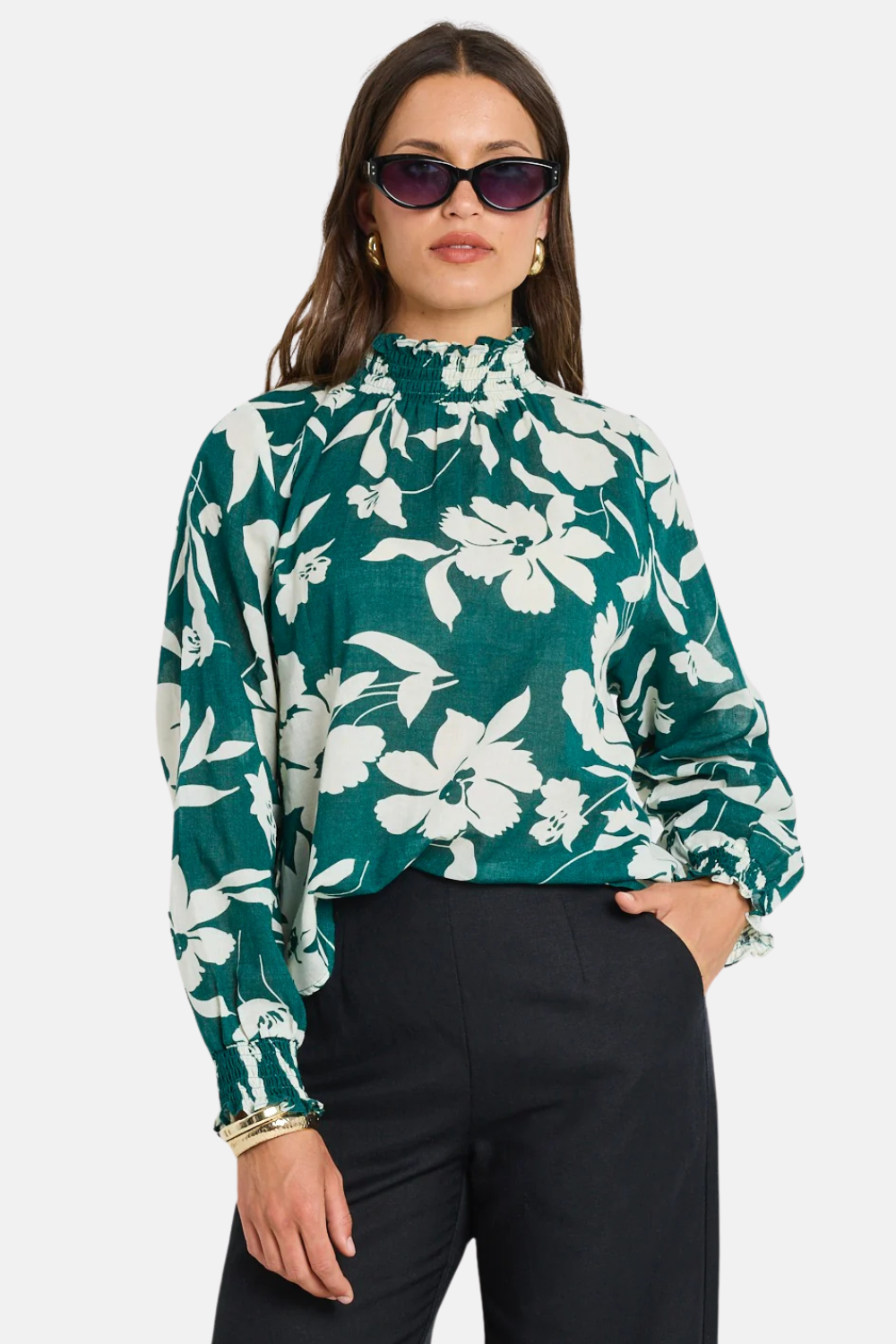Affection Forest Floral Print Shirred High Neck Long Sleeve Blouse for Women - Perfect for Spring Outfits, Date Nights & Office Wear