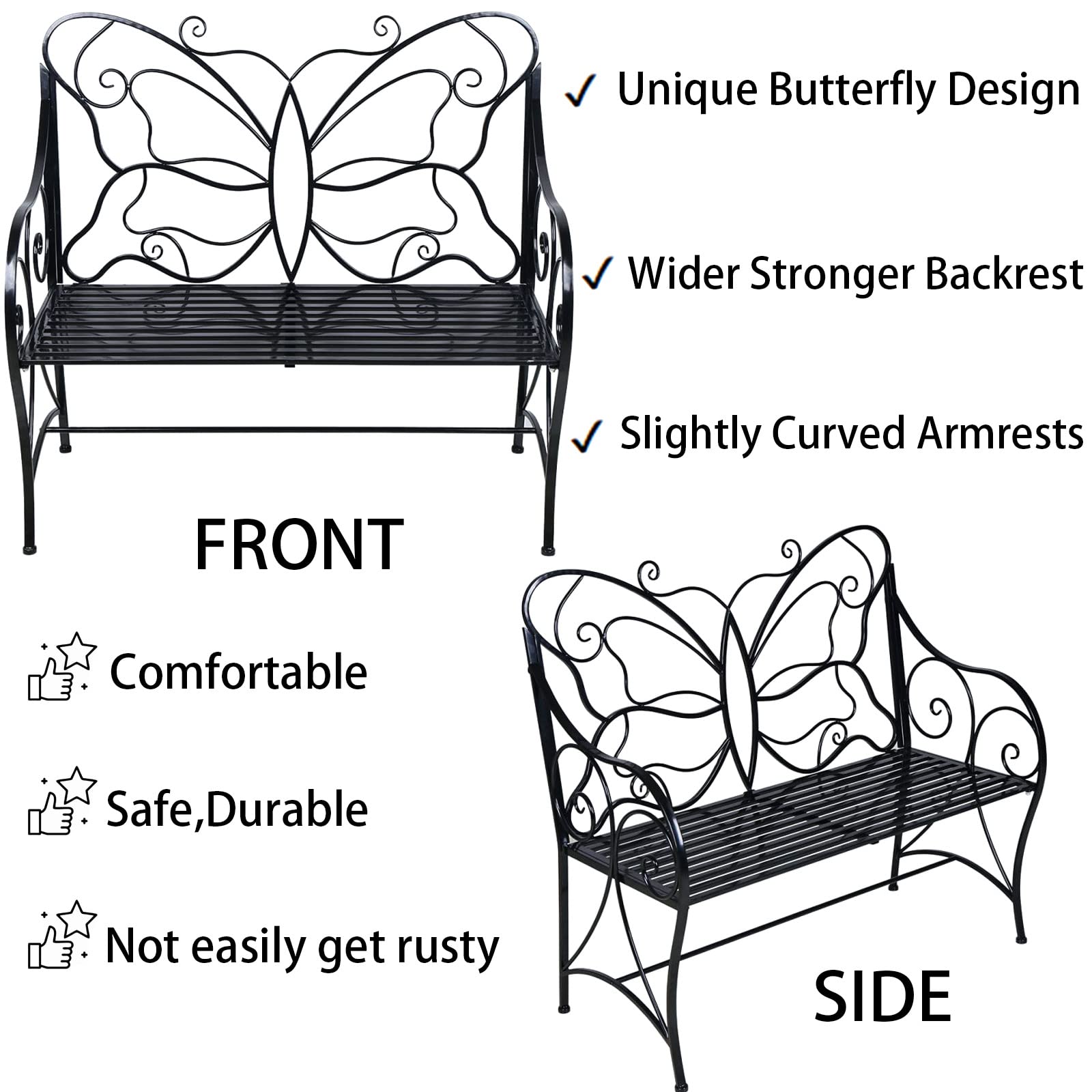 **HLC Outdoor Bench - Cast Iron Metal Garden Bench with Armrests, Double Seats in Black - Perfect for Patio, Garden, Park, Yard, Porch & Lawn Decor**