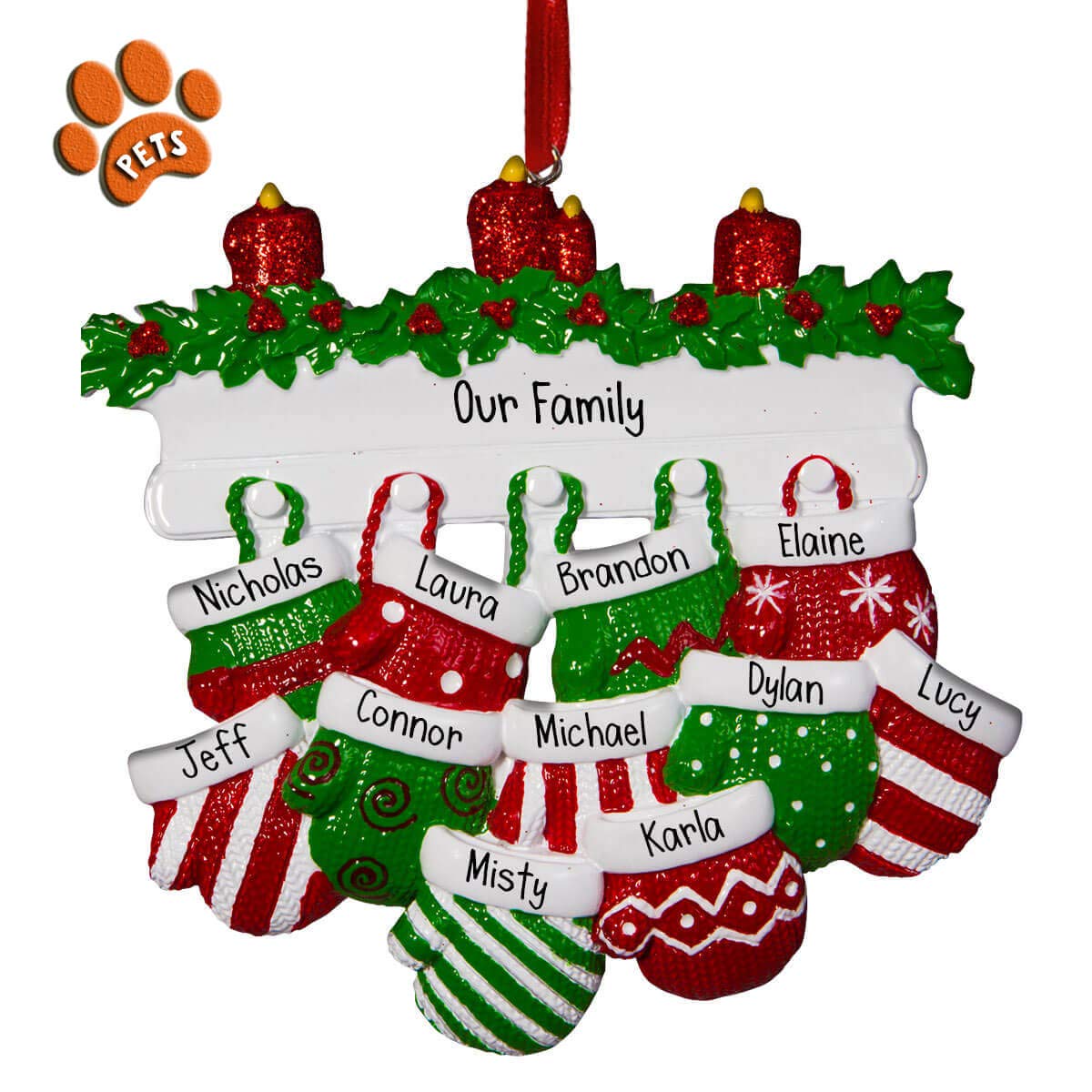 Personalized Christmas Mittens on Hooks - Family of 11 Ornament Set - Fireplace Mantel Decor with Garland & Candles - Perfect for Large Families (Pets Option Available) - Free Customization - Holiday Home Decoration for Mantels, Christmas Trees & Gift Giving
