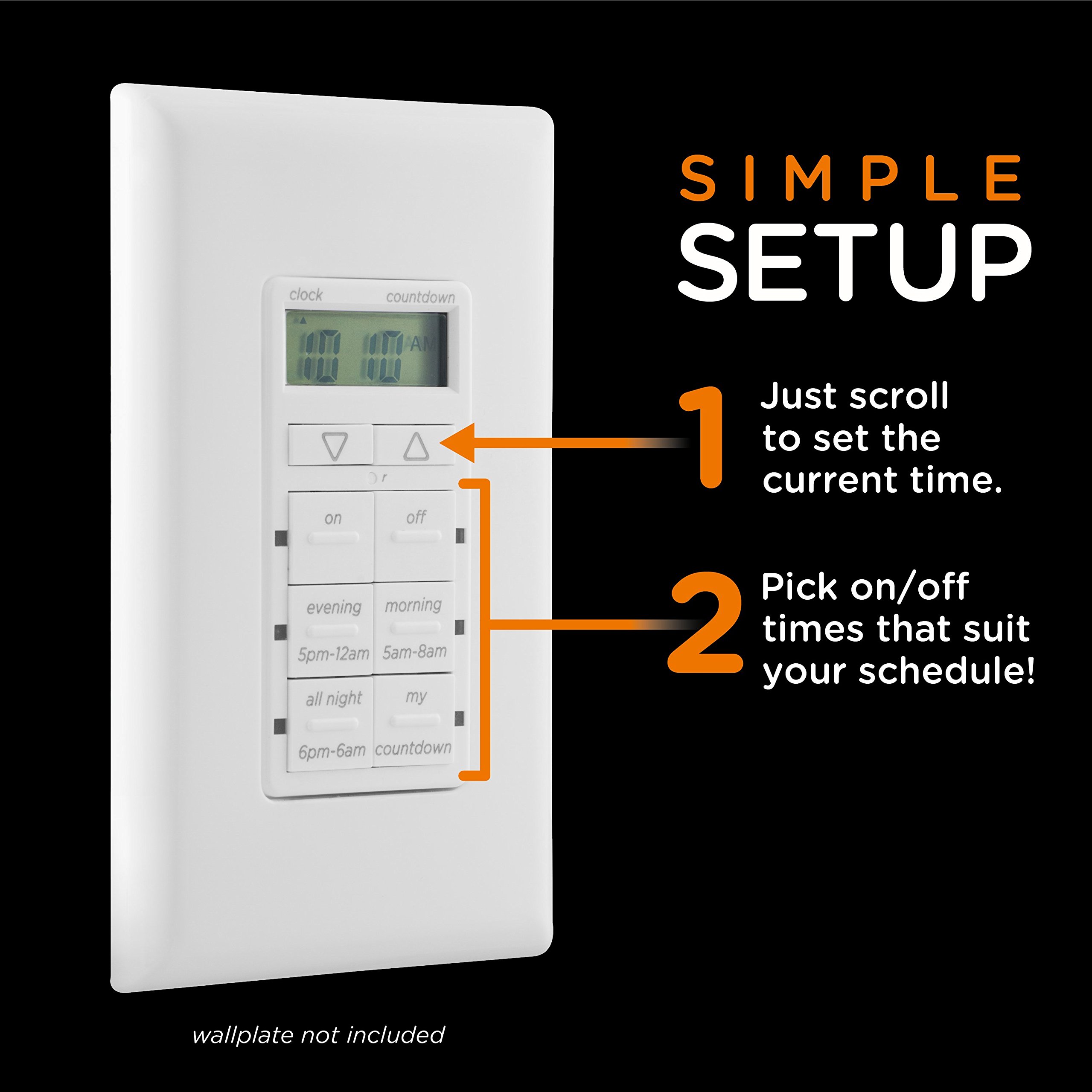 myTouchSmart In-Wall Digital Countdown Timer - 2 Easy On/Off Buttons, 3 Daily Presets, Custom Countdown Mode with Blue LED Indicators & Battery Backup - Perfect for Indoor/Outdoor Lights, Fans, Holiday Decorations & Home Automation (Model 25055, White)