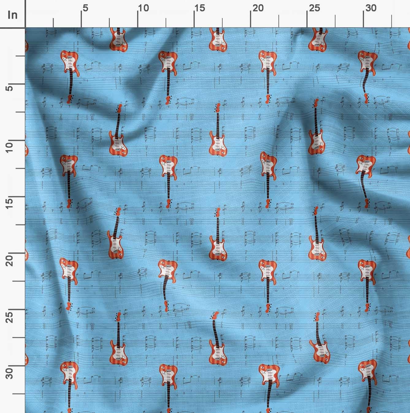Soimoi Moss Georgette Blue Fabric by The Yard - 42 Inch Wide Printed Fabric for Dresses, Curtains & Home Decor - Musical Notes & Guitar Design Fashion Material